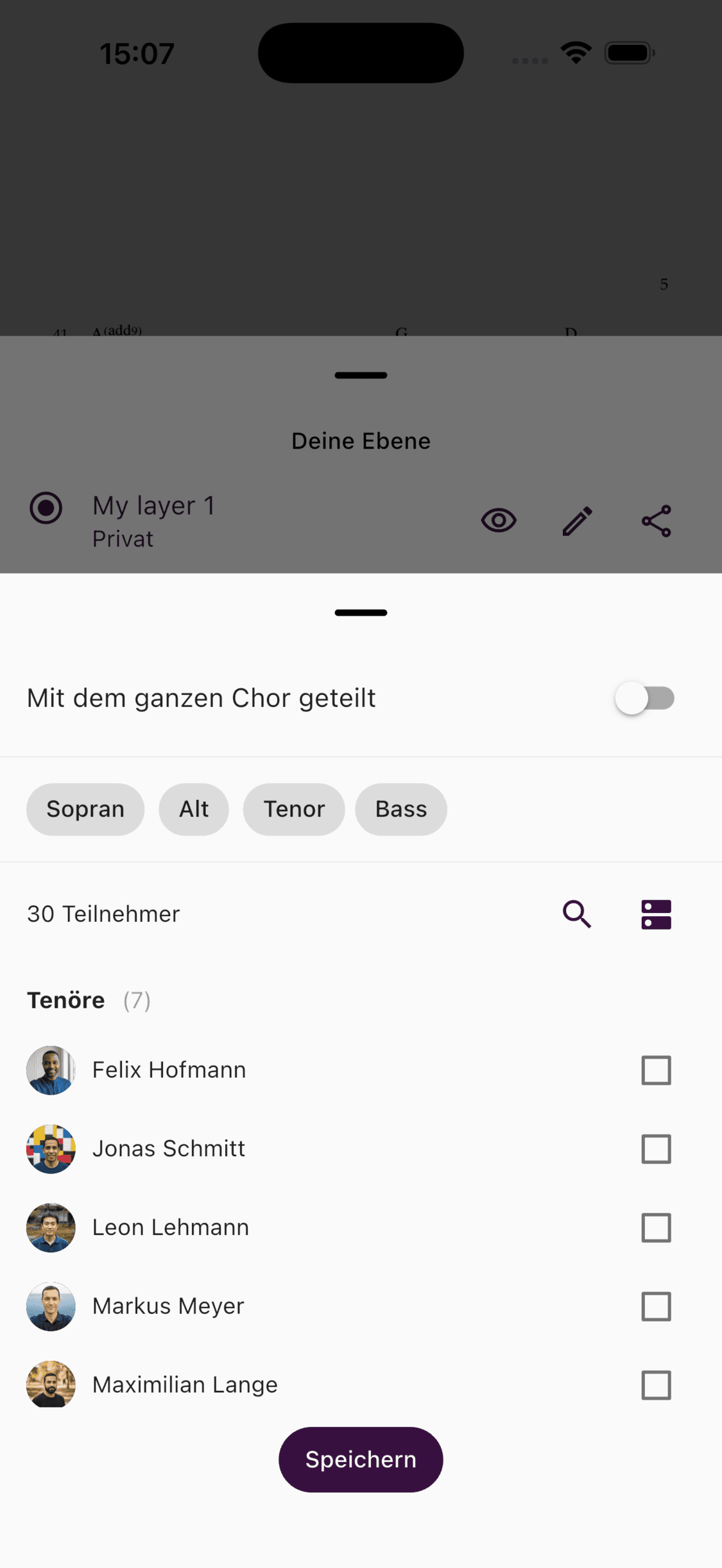 Auswählen, wer eine Anmerkungsebene in der ChoirMate-App sehen kann