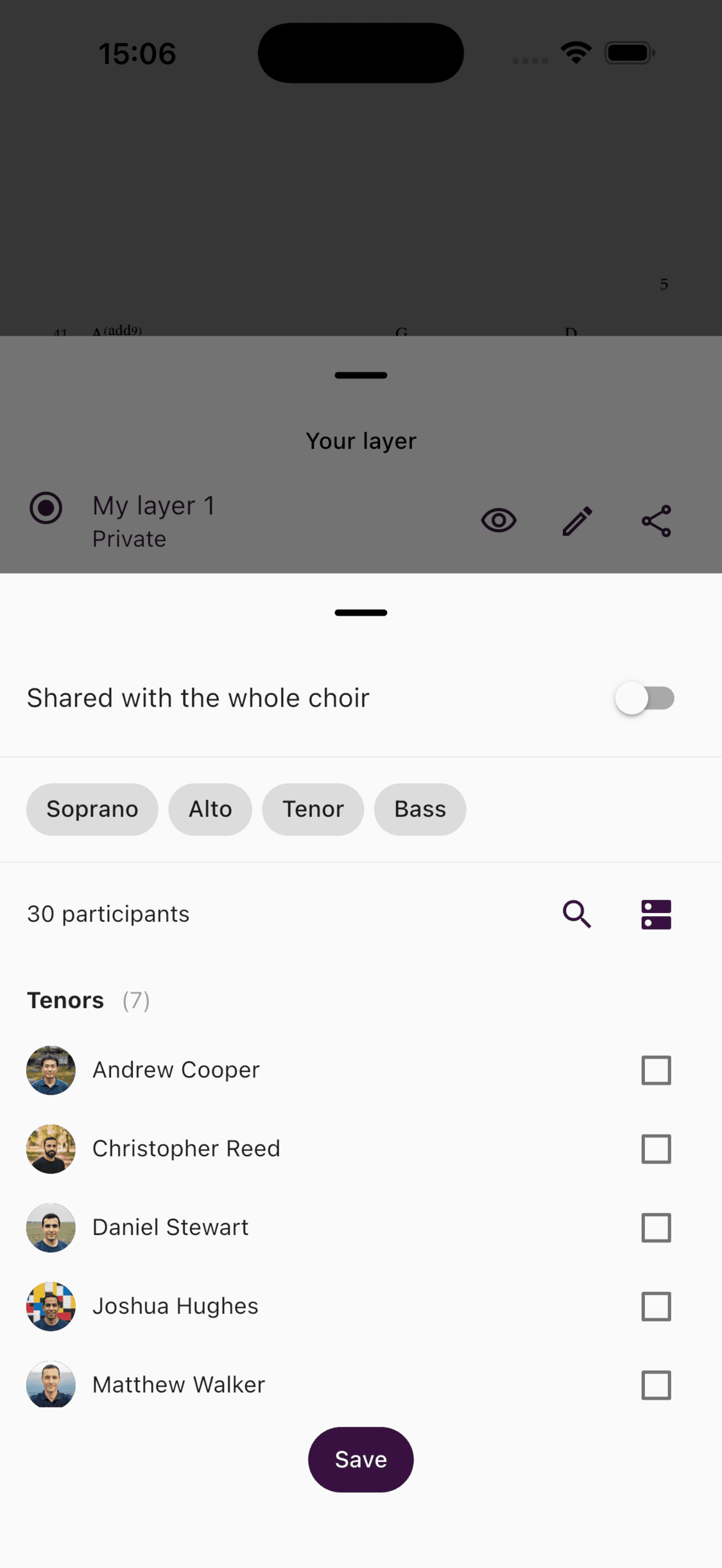 Choosing who can see an annotation layer in the ChoirMate app