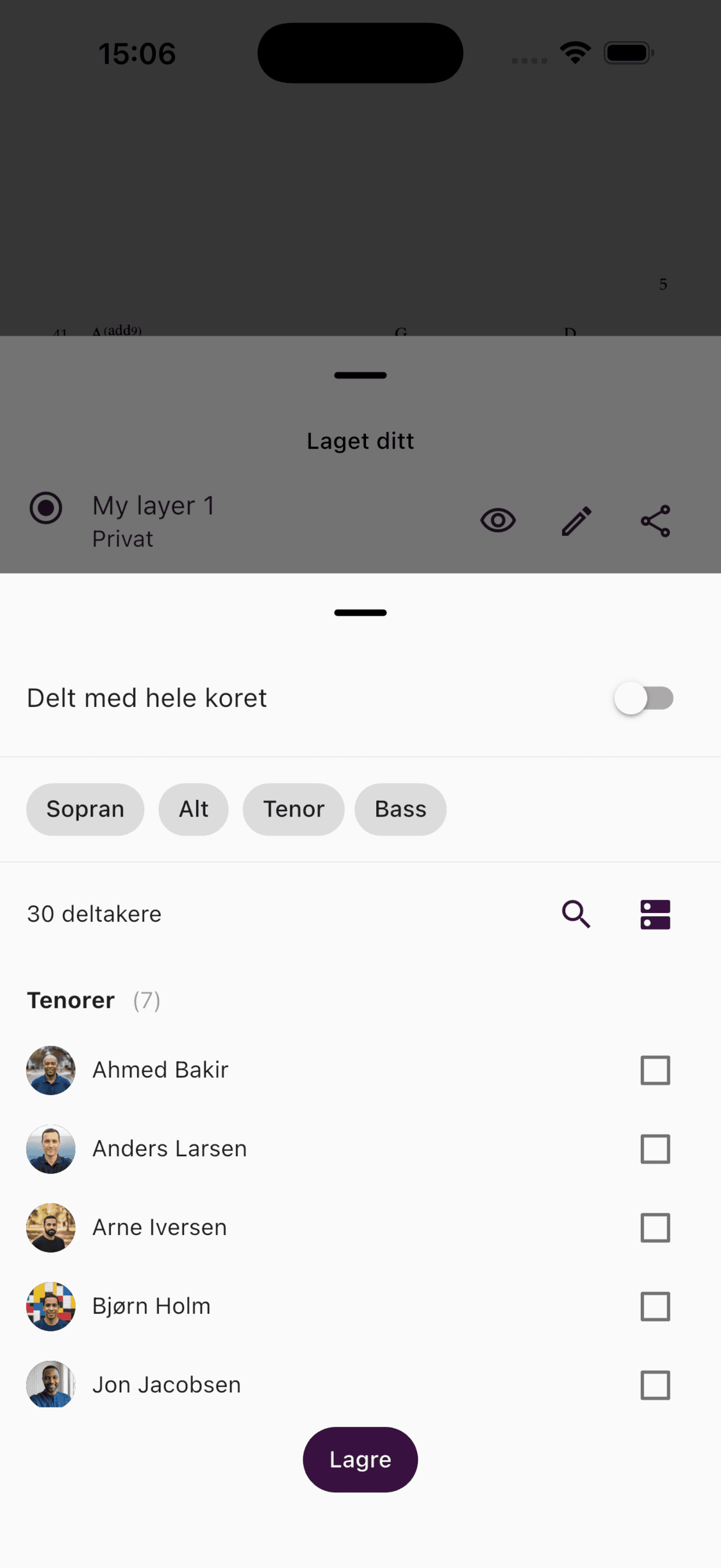 Velge hvem som kan se et tegnelag i ChoirMate-appen