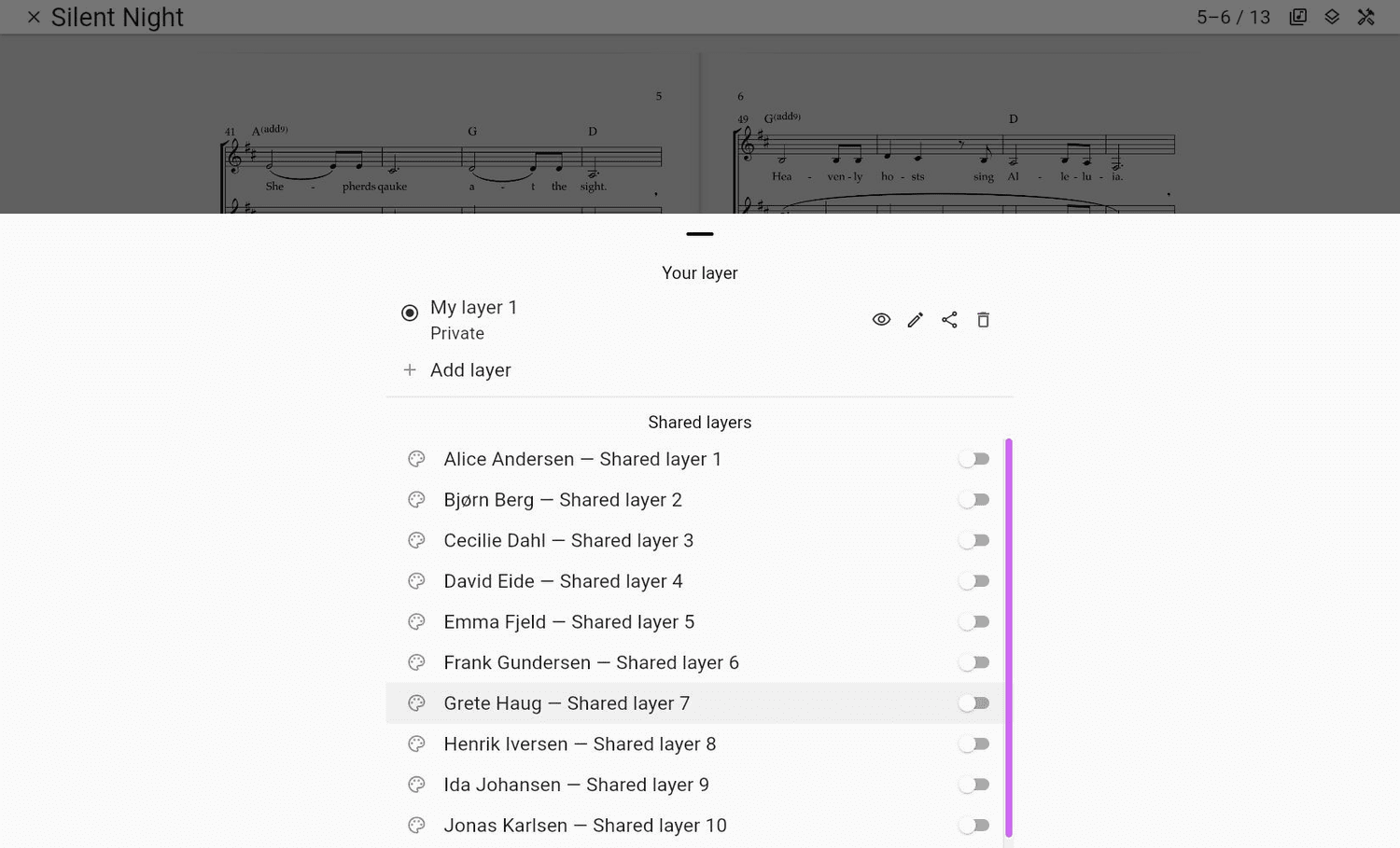 Your layers and shared layers in ChoirMate Web
