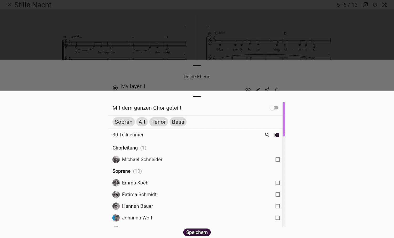 Freigabeoptionen für eine Anmerkungsebene in ChoirMate Web
