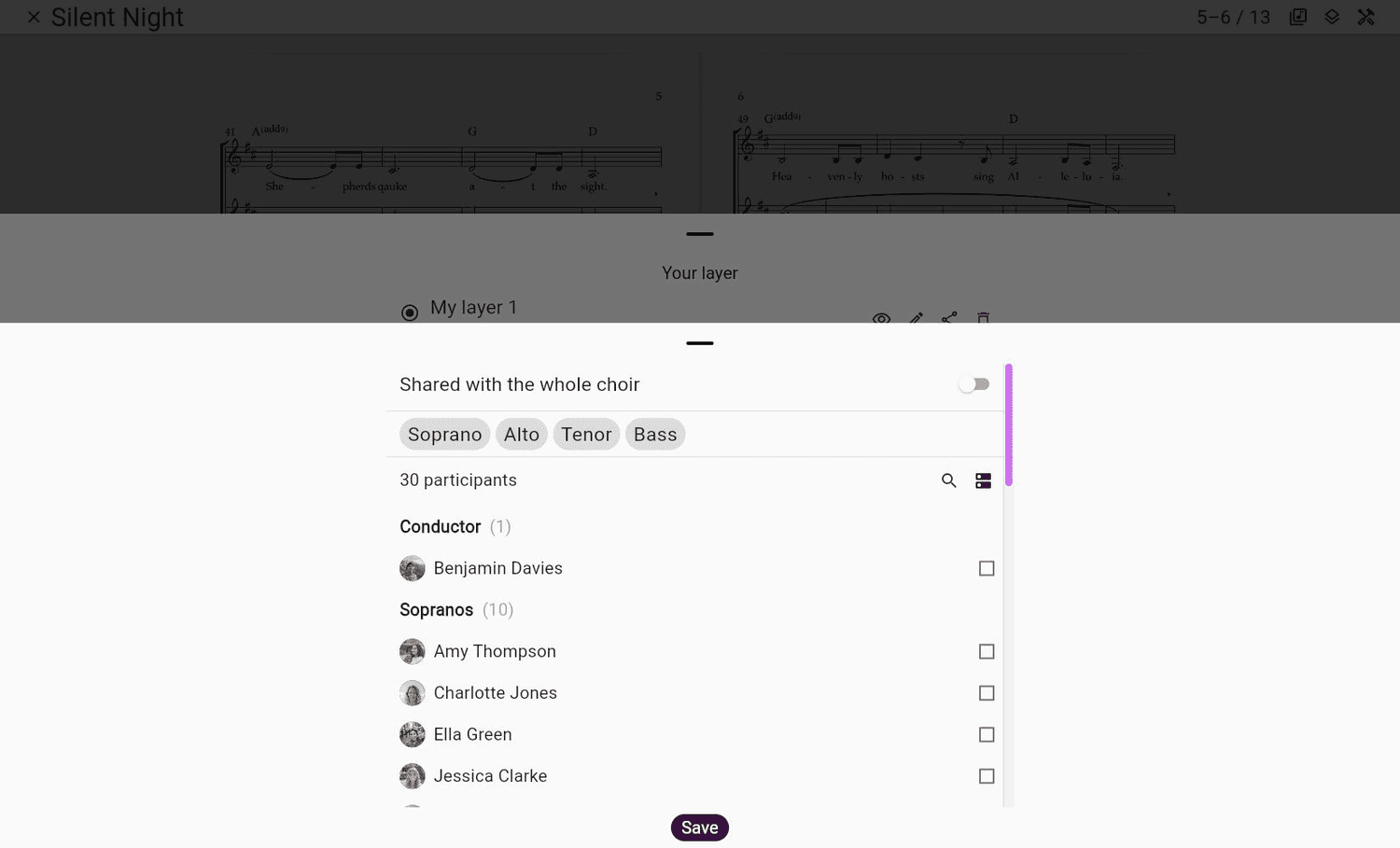 Layer sharing choices in ChoirMate Web