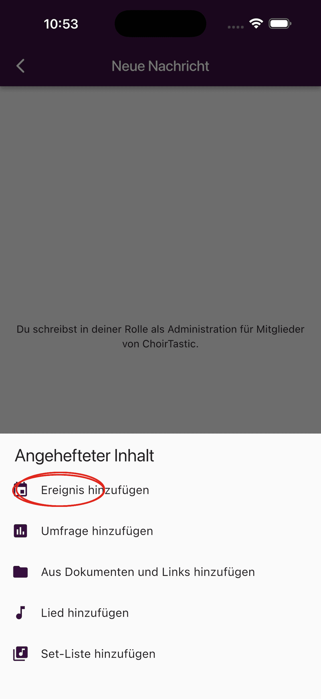 Das Menü Angehefteter Inhalt mit der Option Ereignis hinzufügen in der ChoirMate-App