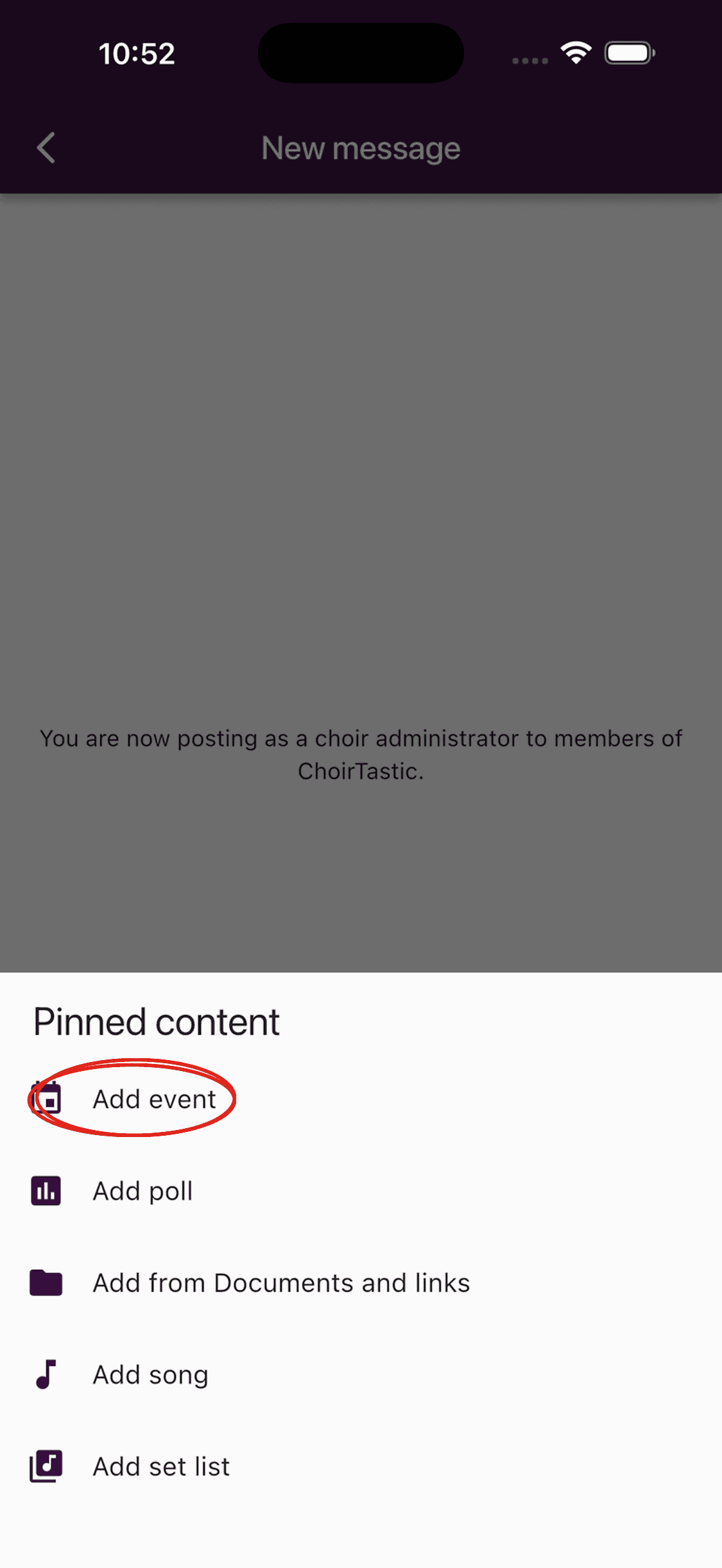 The Pinned content menu with Add event in the ChoirMate app