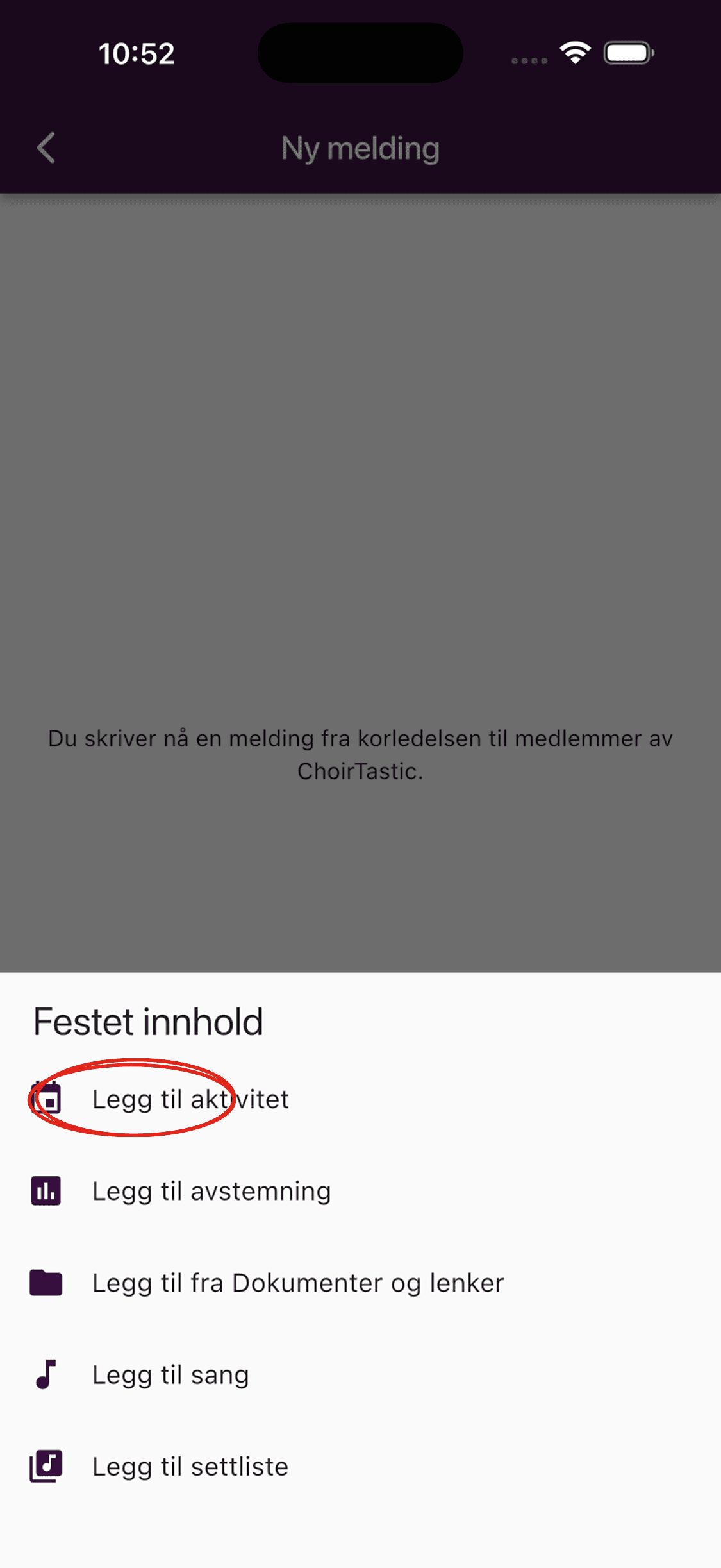 Menyen Festet innhold med valget Legg til aktivitet i ChoirMate-appen