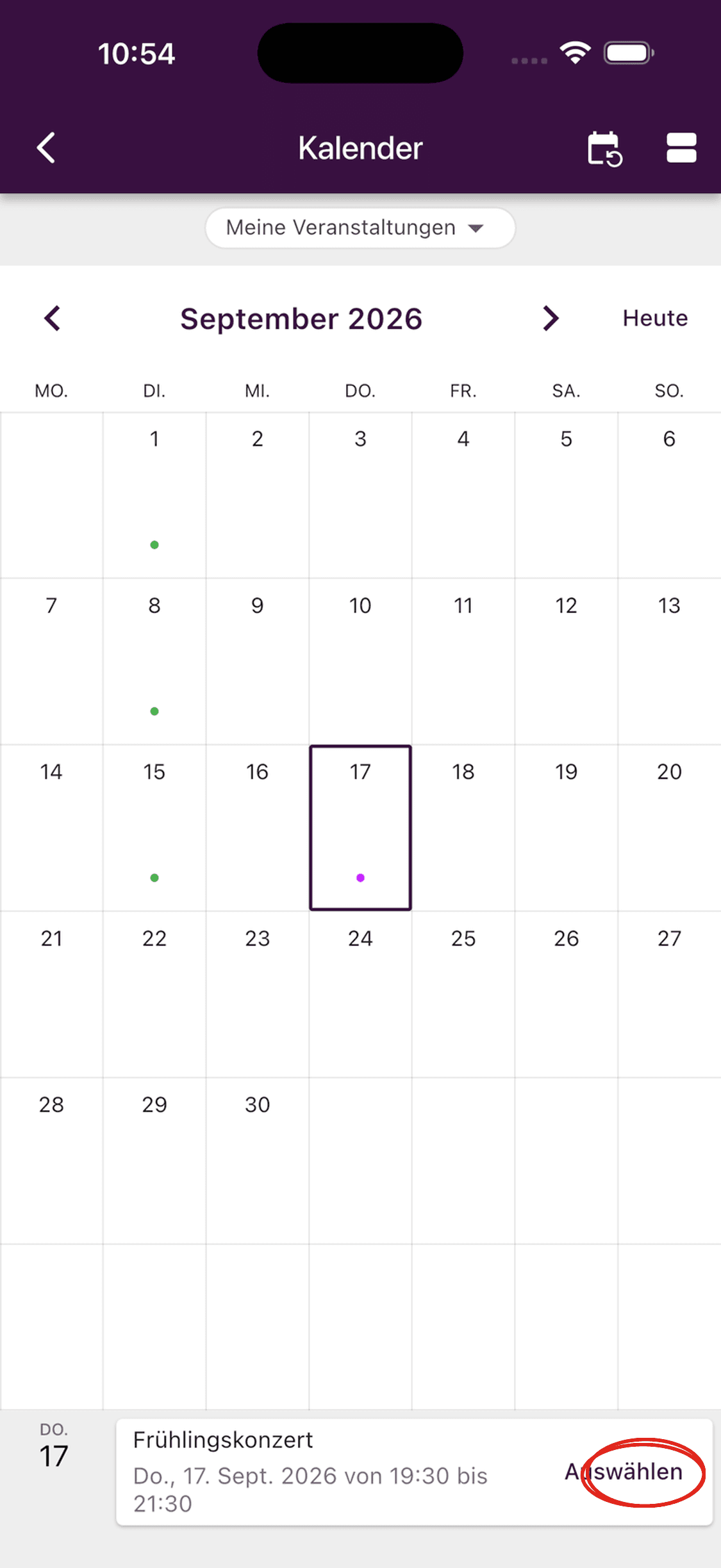 Das Frühlingskonzert im App-Kalender mit der Aktion Auswählen