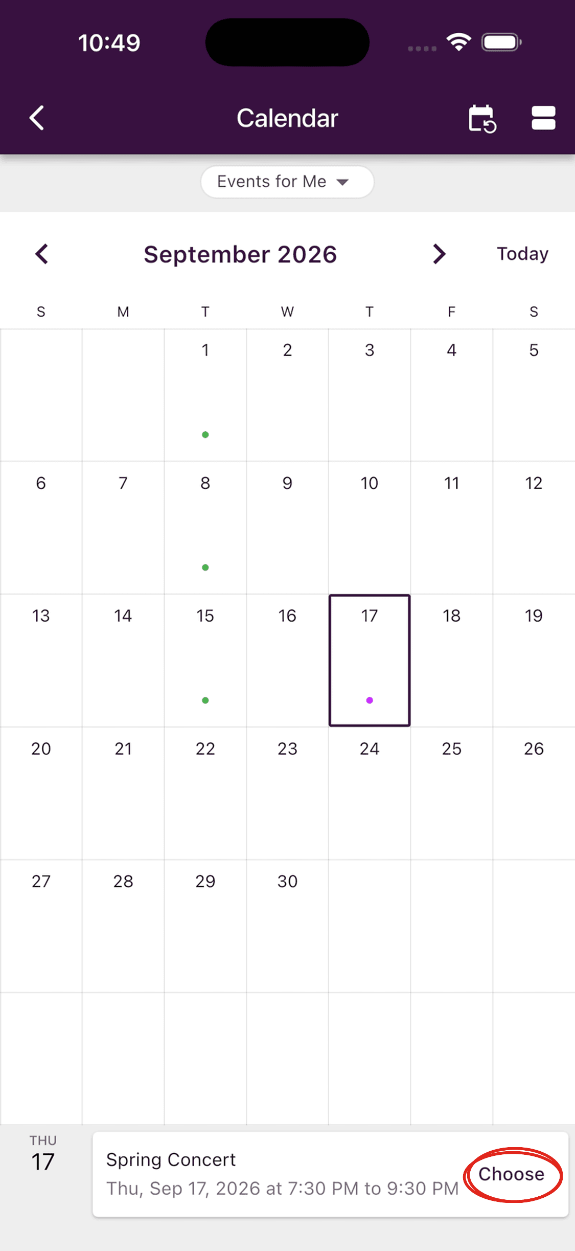 The Spring Concert selected in the app calendar with the Choose action