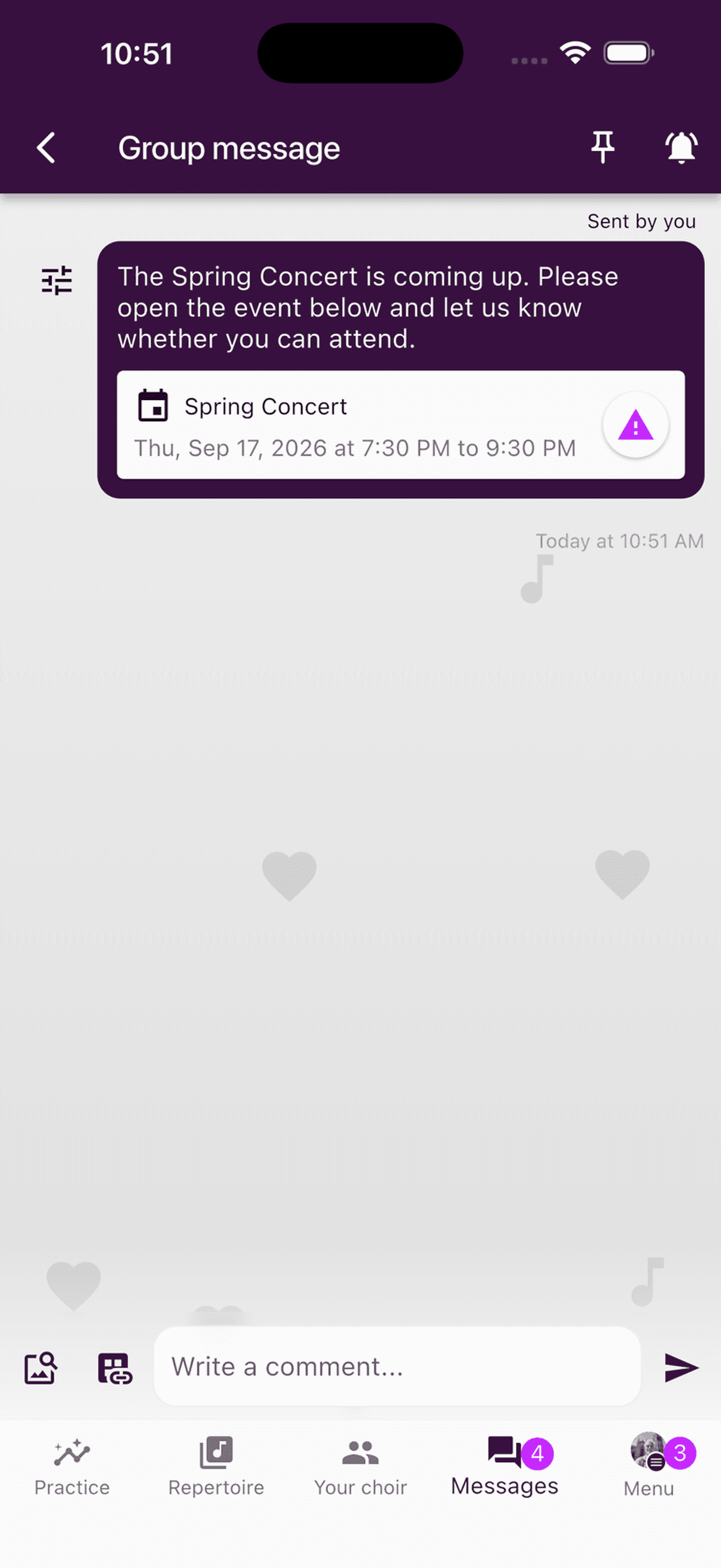 A sent leadership post with the Spring Concert attached in the app