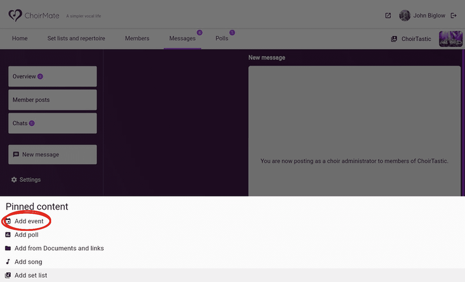 The Pinned content menu with Add event in the ChoirMate web app
