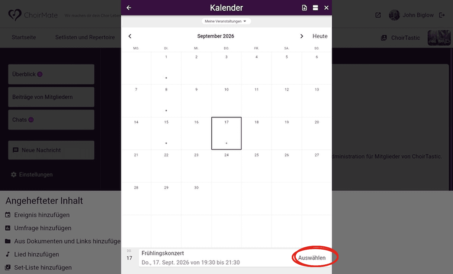Das Frühlingskonzert im Webkalender mit der Aktion Auswählen