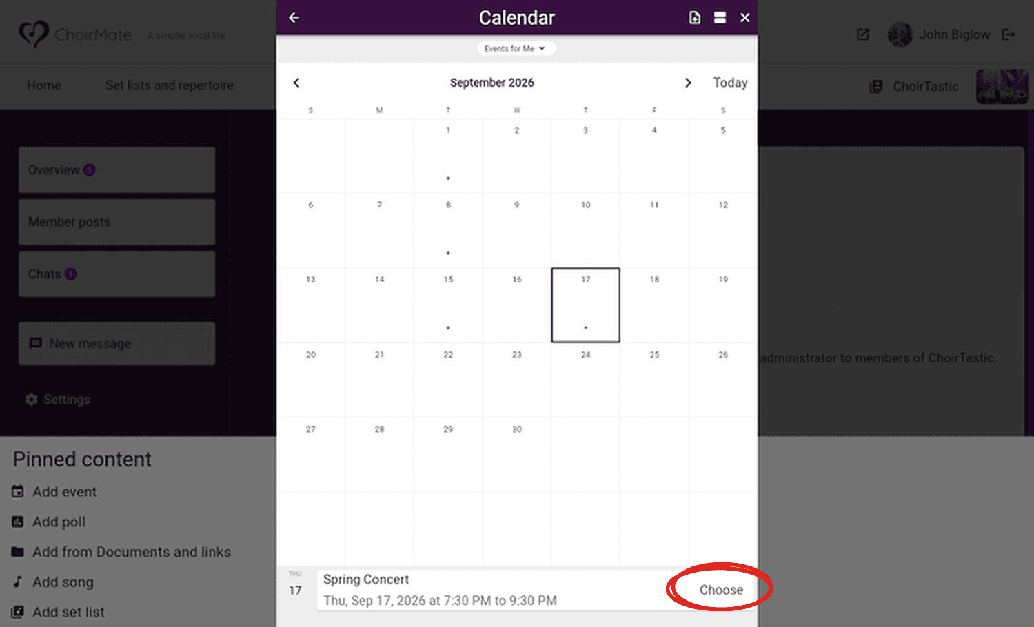 The Spring Concert selected in the web calendar with the Choose action