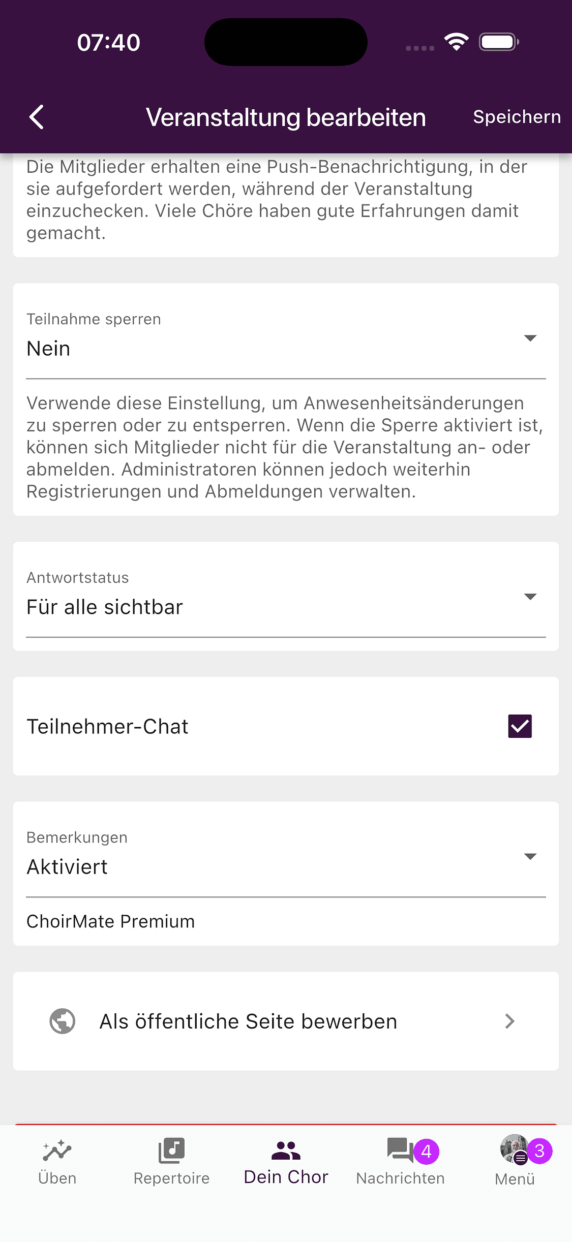 Aktivierter Teilnehmer-Chat in der Veranstaltungsbearbeitung der ChoirMate-App