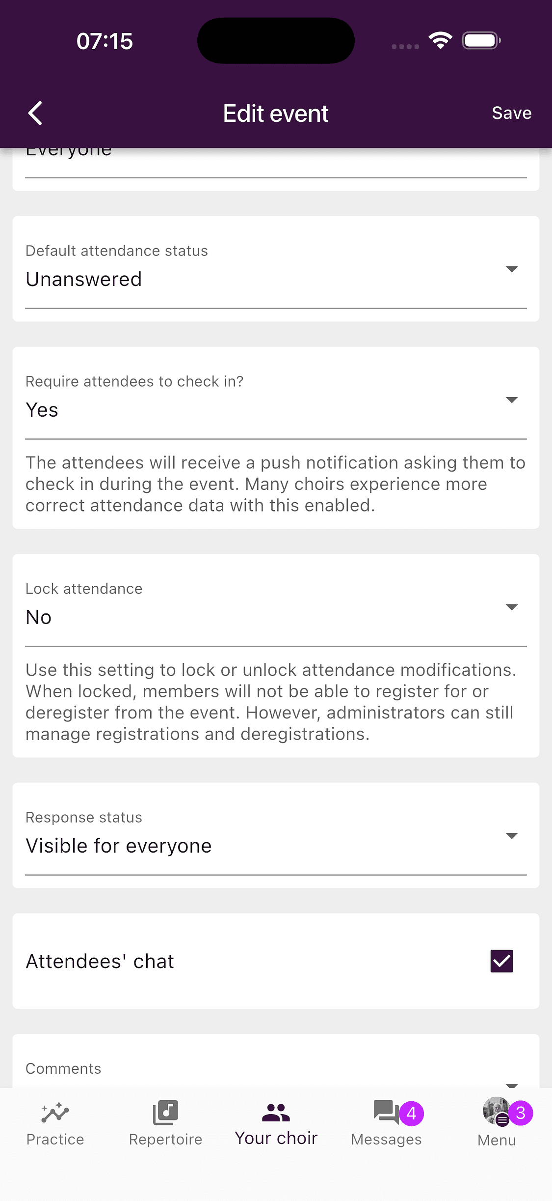 Attendees' chat enabled in the event editor in the ChoirMate app