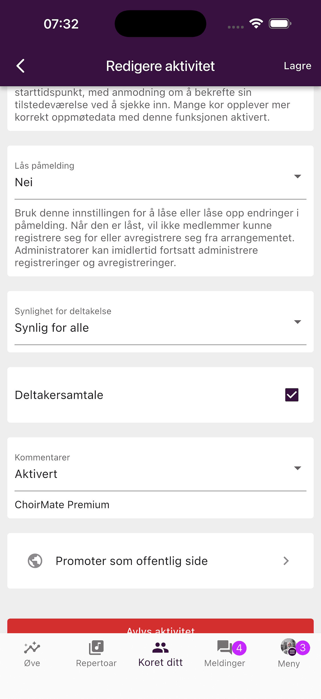 Deltakersamtale aktivert i arrangementsredigeringen i ChoirMate-appen