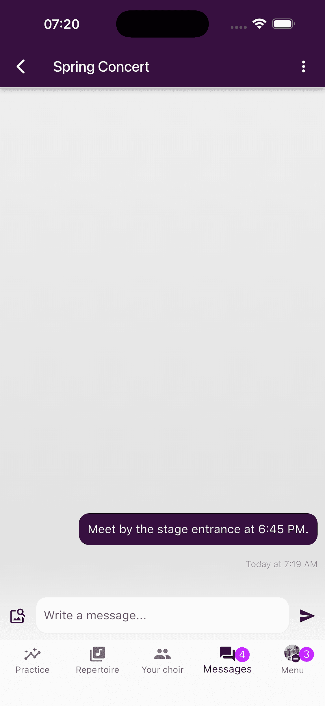 An event-specific Attendees' Chat in the ChoirMate app