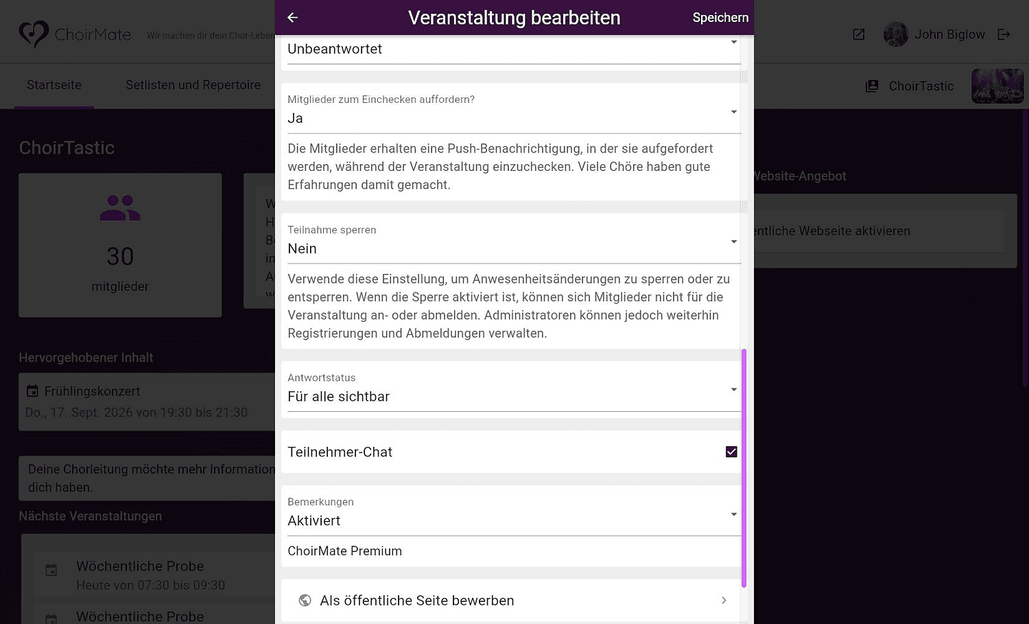Aktivierter Teilnehmer-Chat in der Veranstaltungsbearbeitung von ChoirMate im Web