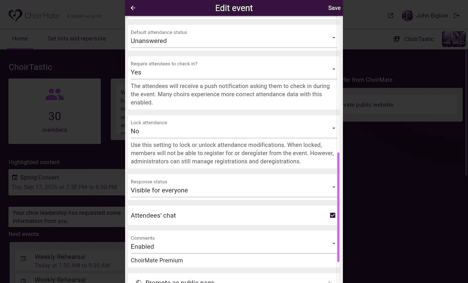 Attendees' chat enabled in the event editor in ChoirMate on the web