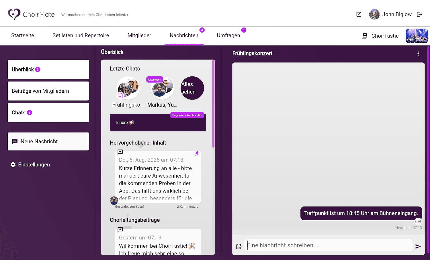 Ein geöffneter veranstaltungsbezogener Teilnehmer-Chat in ChoirMate im Web