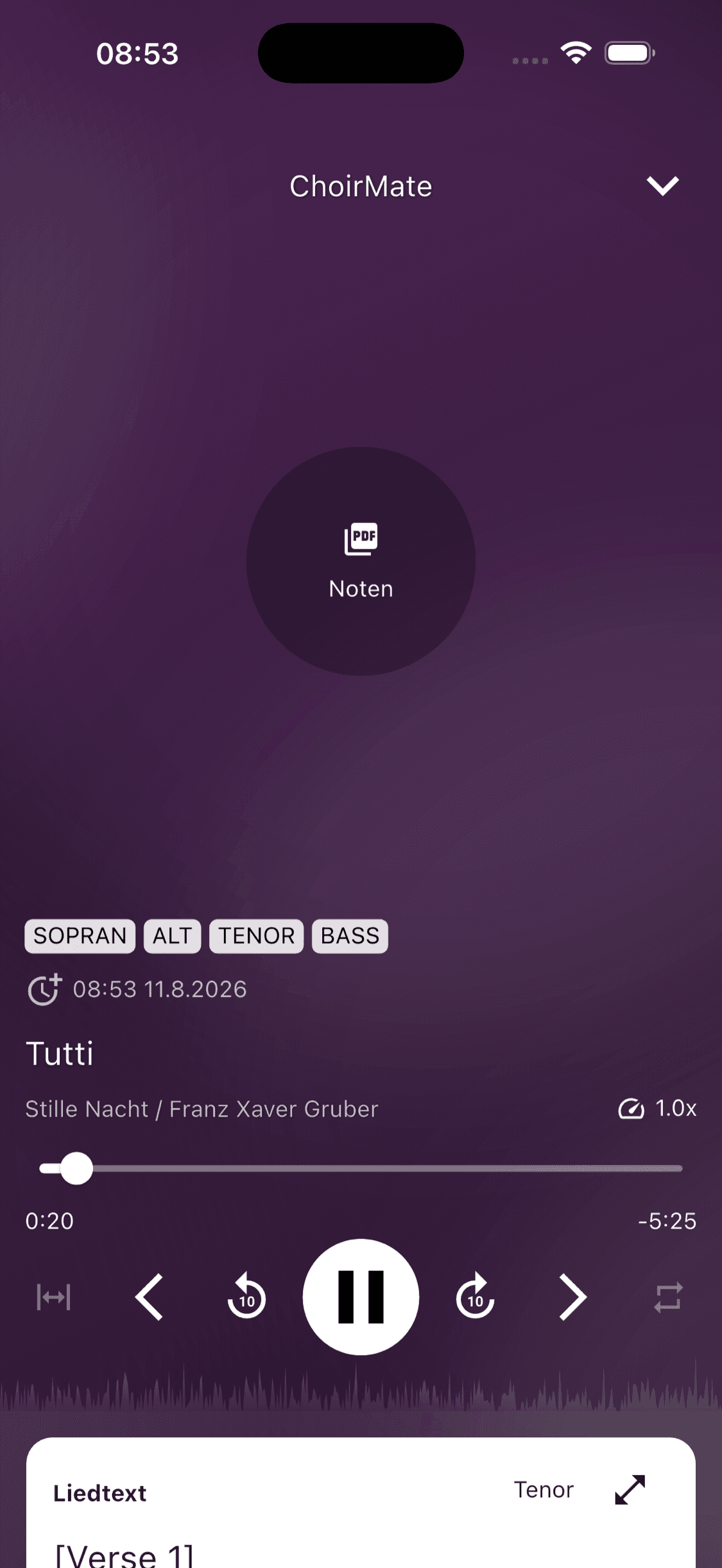 Der vollständige Audio-Player in der ChoirMate-App