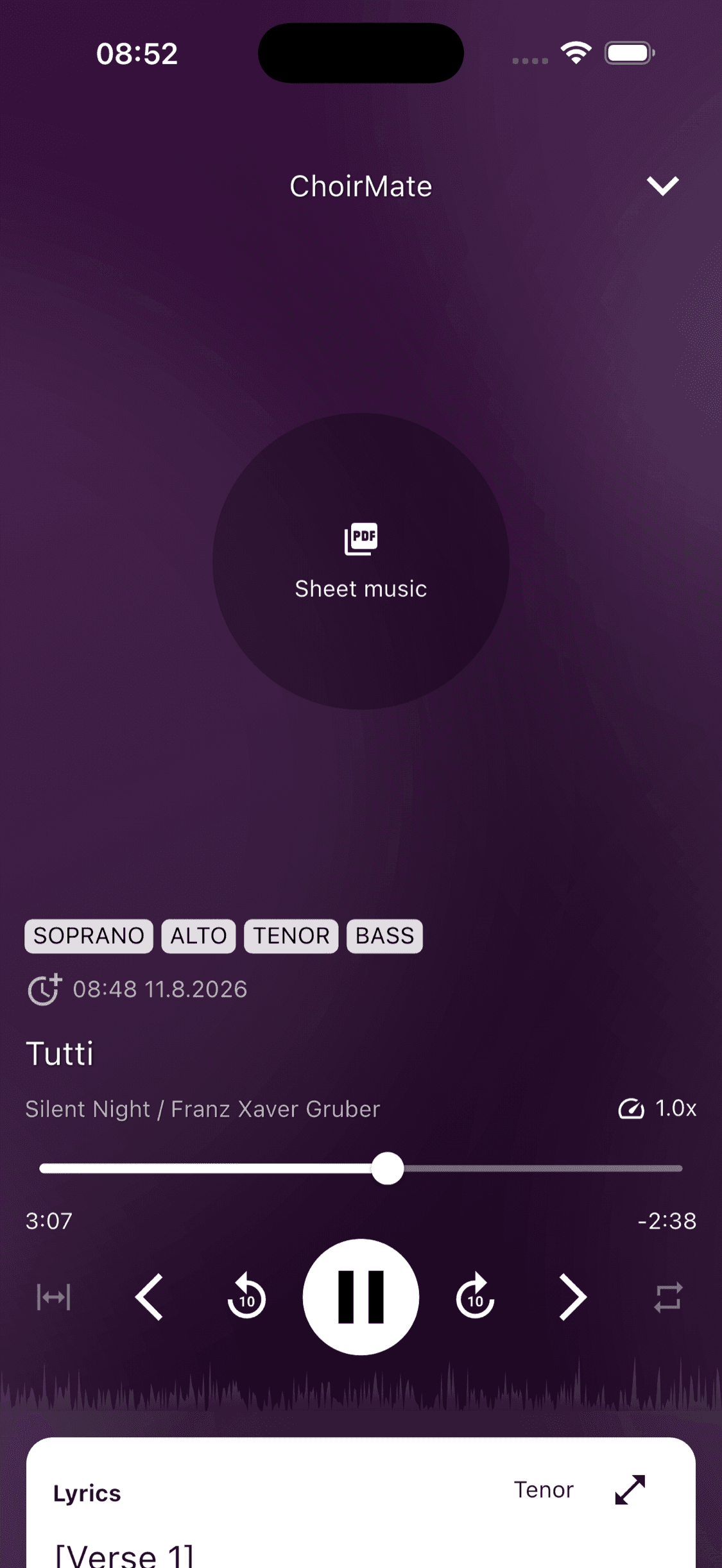 The full audio player in the ChoirMate app