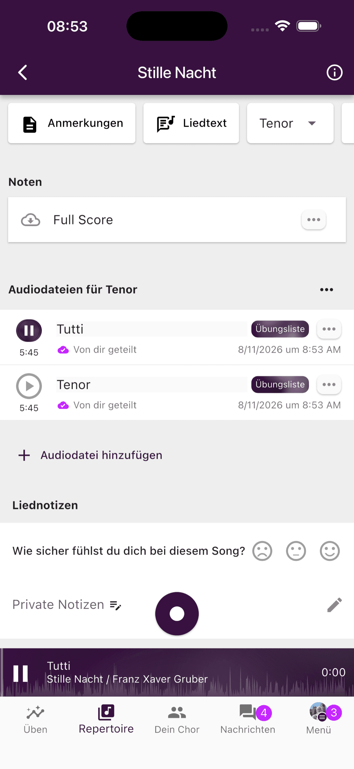 Ein Song im Mini-Player der ChoirMate-App