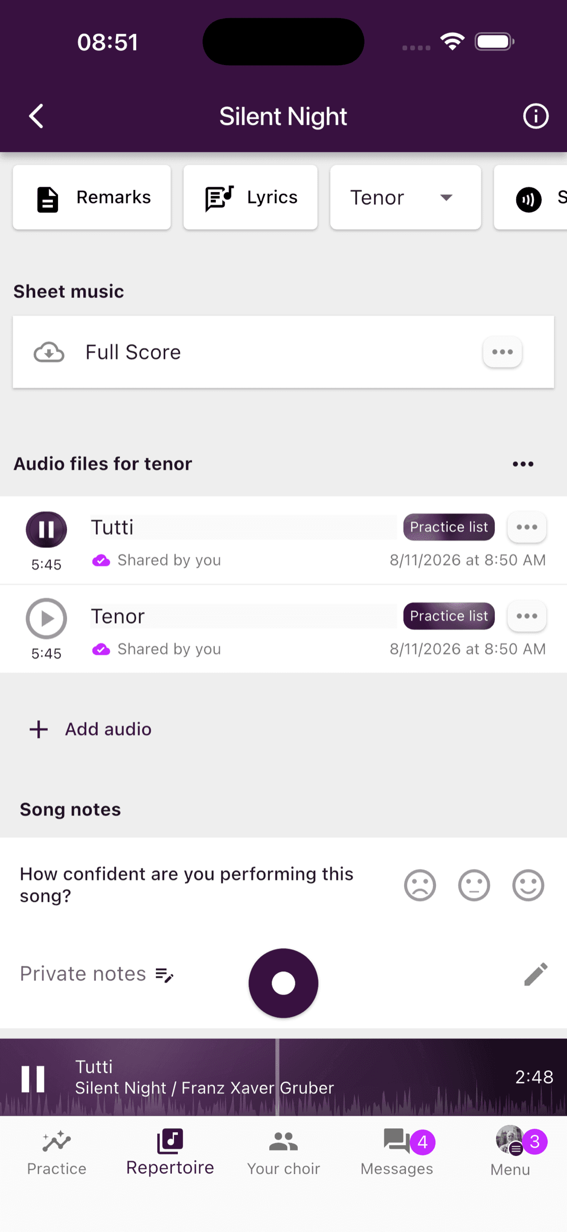 A song playing in the mini player in the ChoirMate app