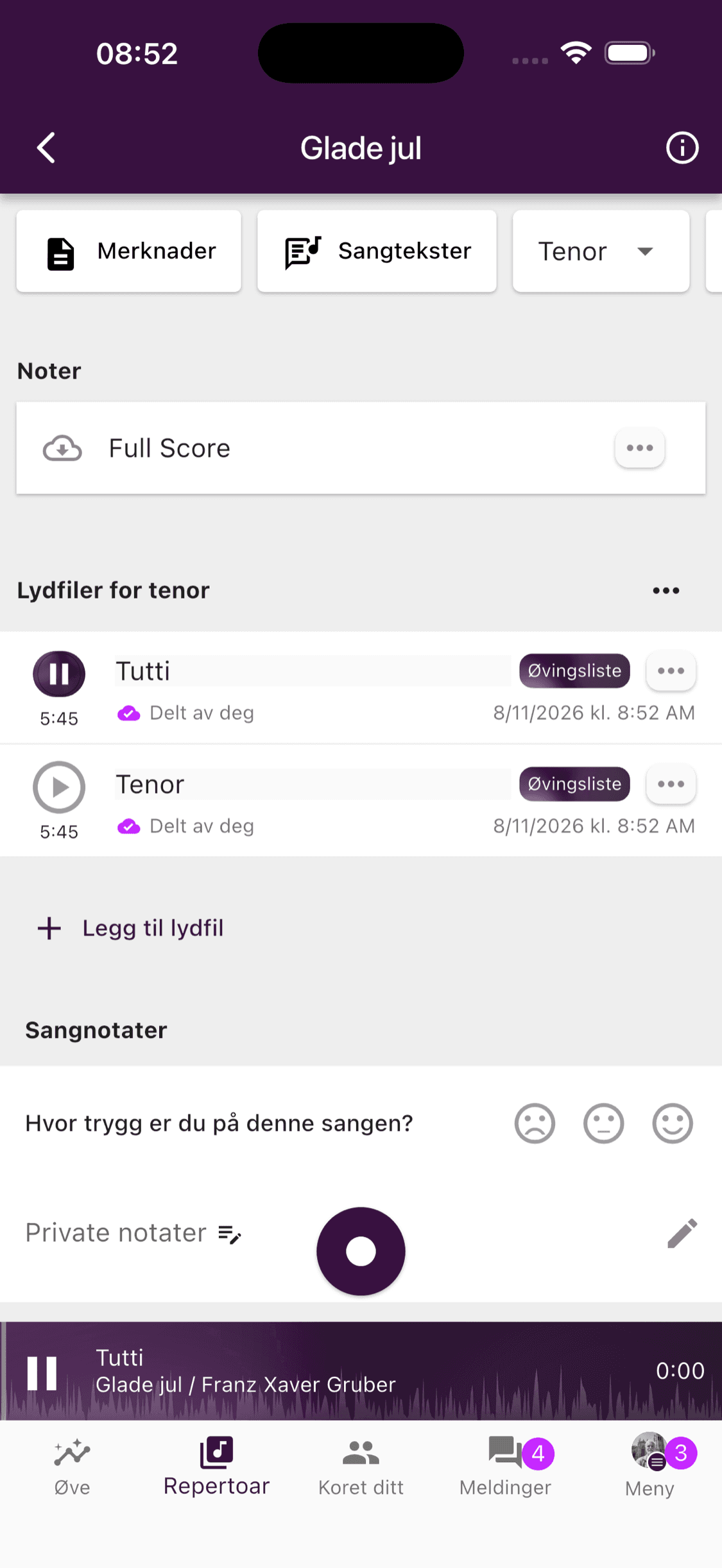 En sang som spilles i minispilleren i ChoirMate-appen