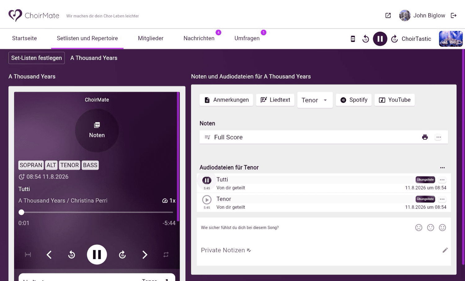 Der Audio-Player neben einem Song in ChoirMate Web