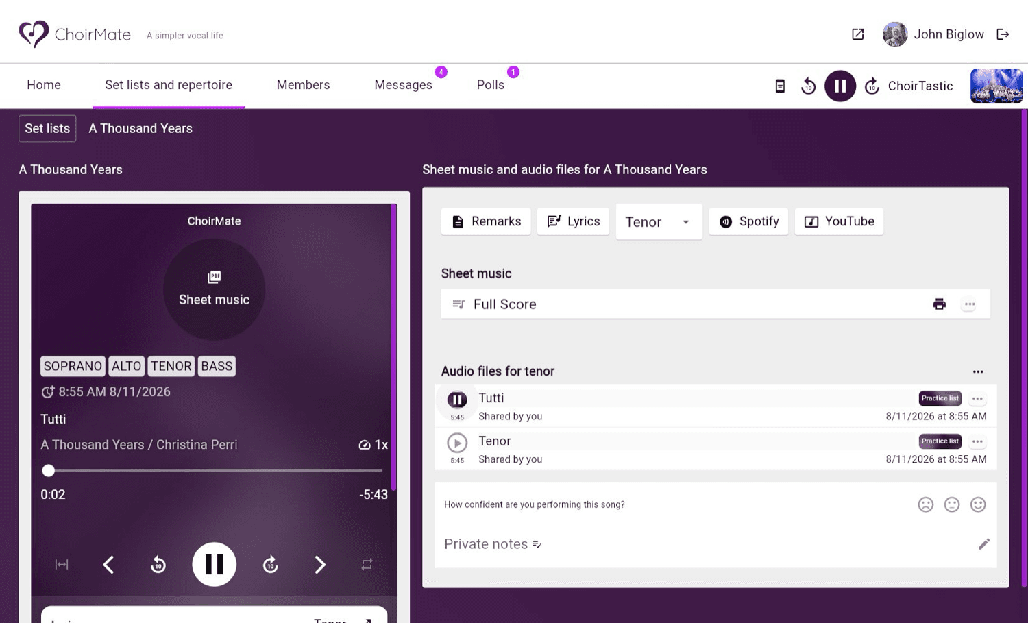 The audio player beside a song in ChoirMate Web