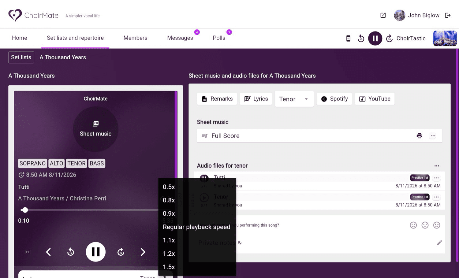 Playback speed choices in ChoirMate Web
