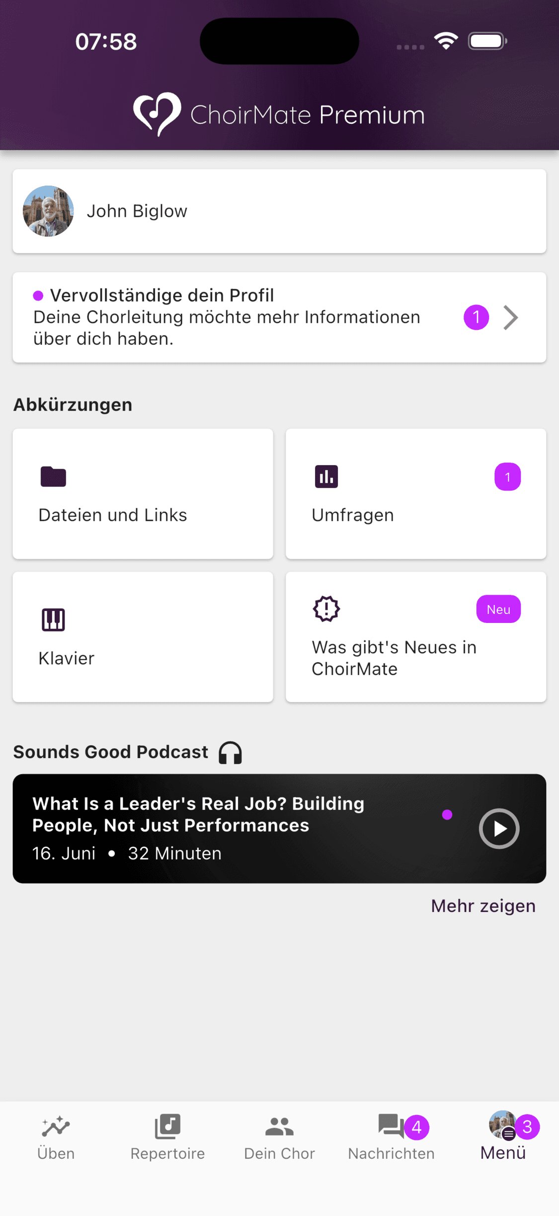Klavier-Verknüpfung im ChoirMate-Menü