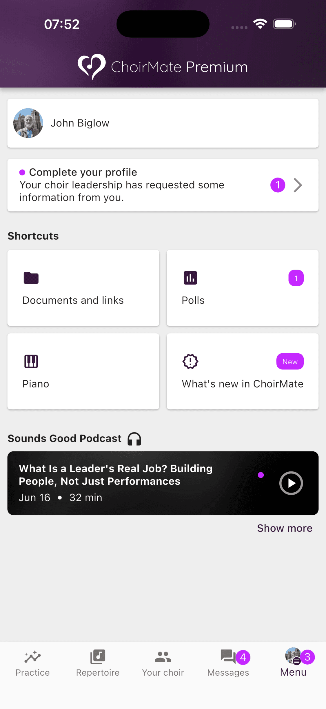 Piano shortcut in the ChoirMate Menu