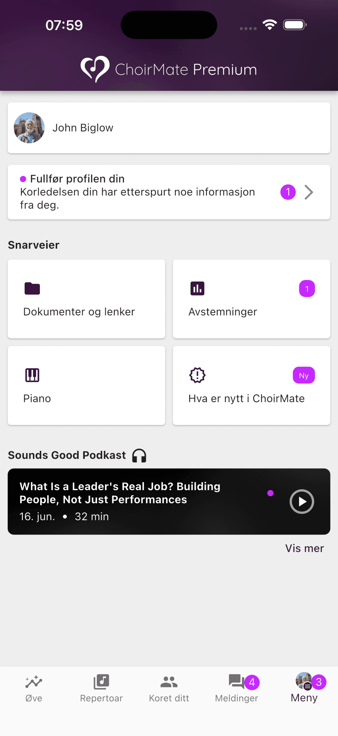 Piano-snarveien i ChoirMate-menyen