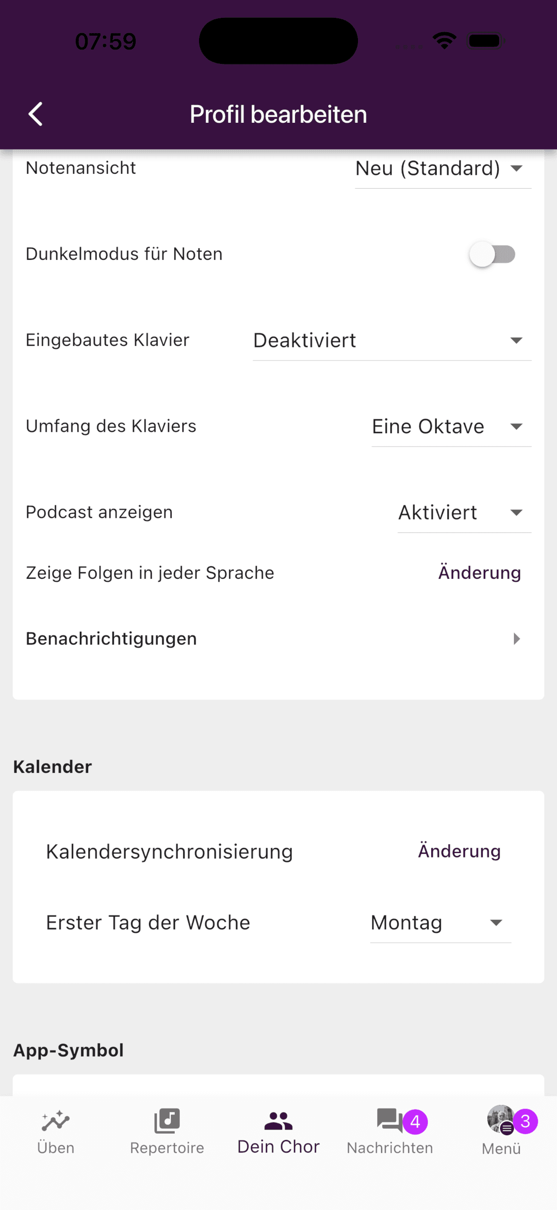 Einstellungen für das eingebaute Klavier und seinen Umfang im ChoirMate-Profil