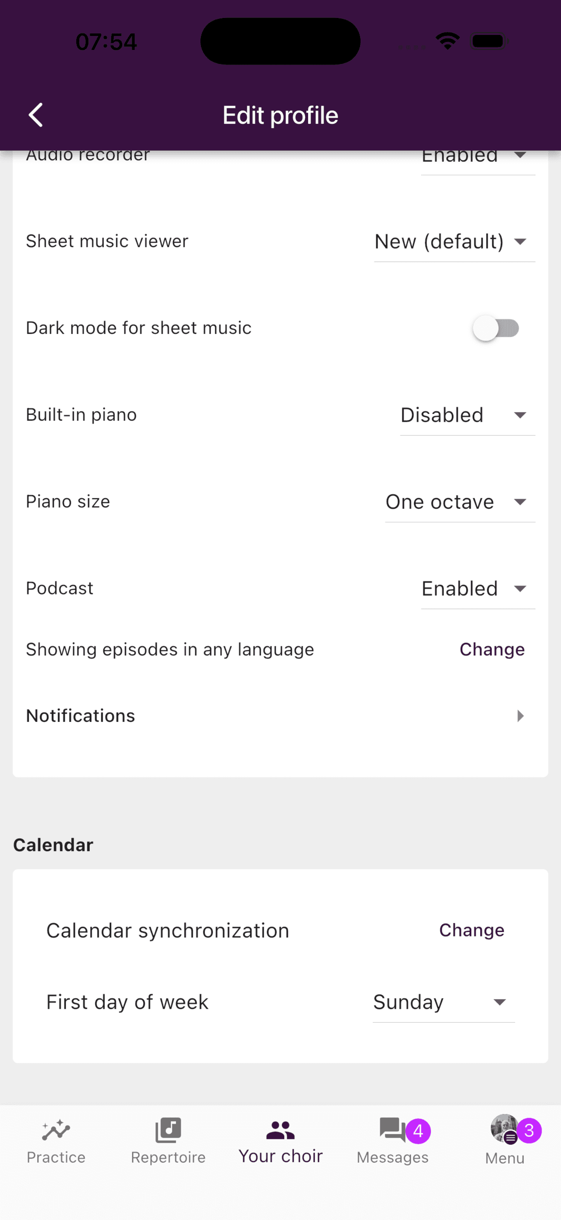 Built-in piano and piano size settings in the ChoirMate profile