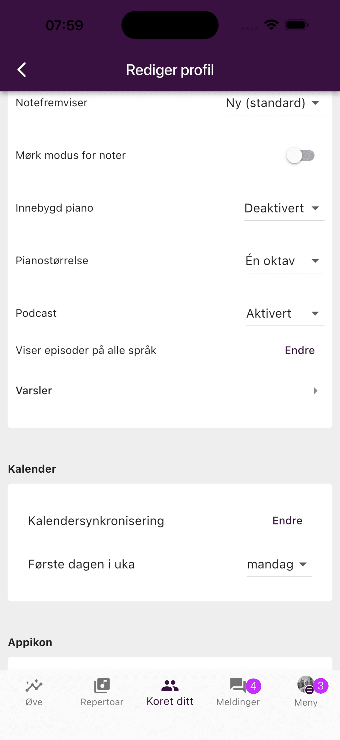 Innstillinger for innebygd piano og pianostørrelse i ChoirMate-profilen