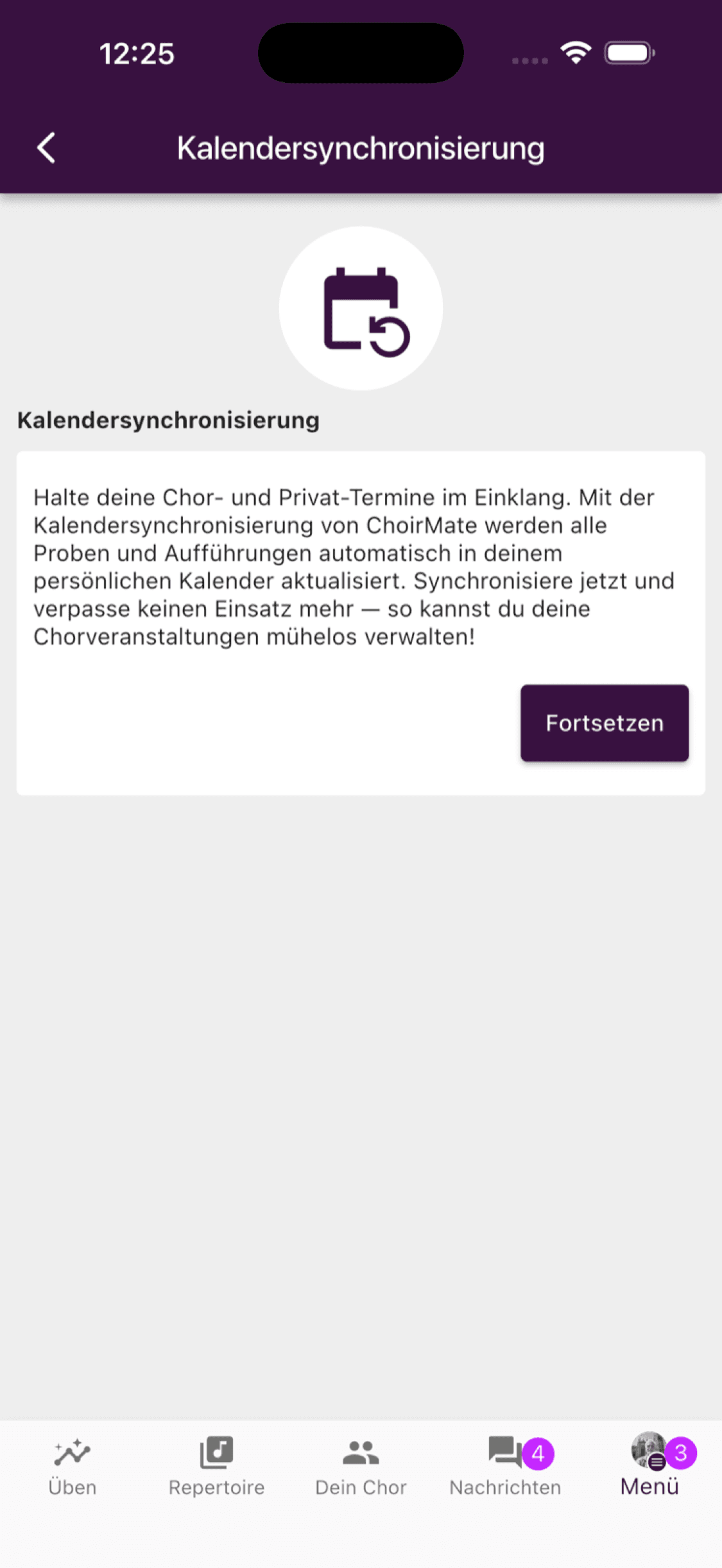 Die Einführung zur Kalender-Synchronisation mit der Schaltfläche Weiter
