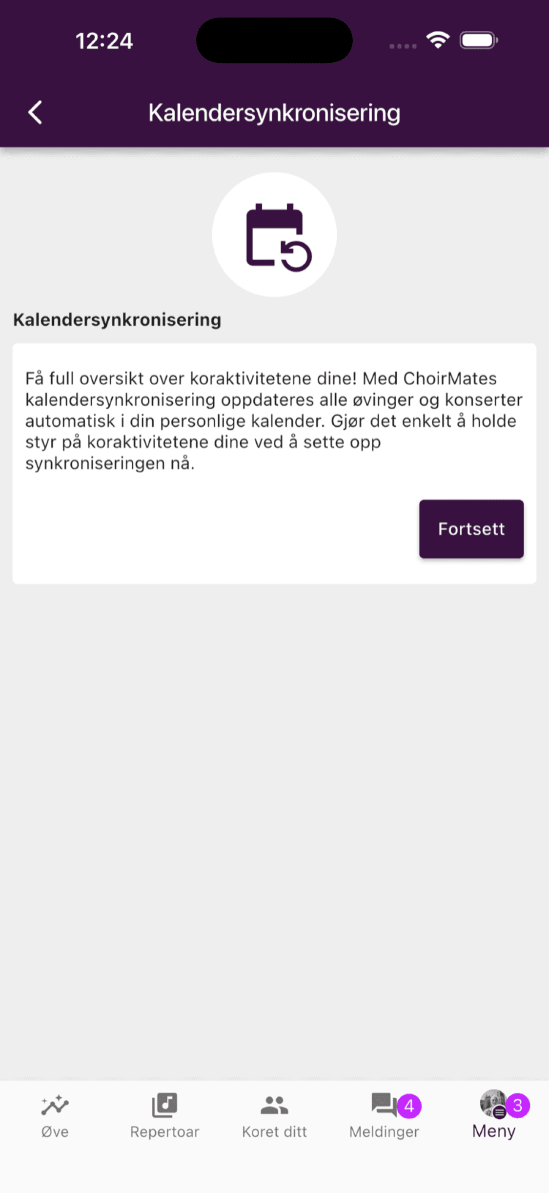 Introduksjonen til kalendersynkronisering med knappen Fortsett