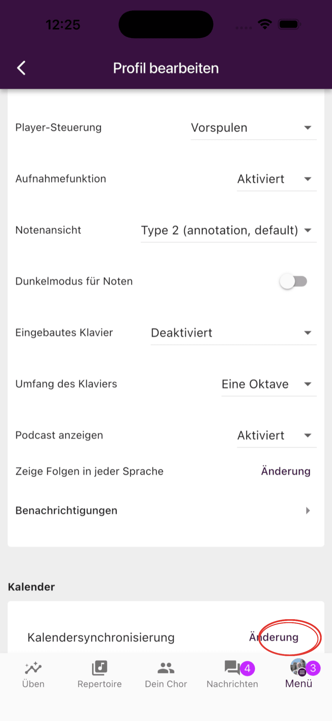 Die Kalender-Synchronisation in den Profileinstellungen