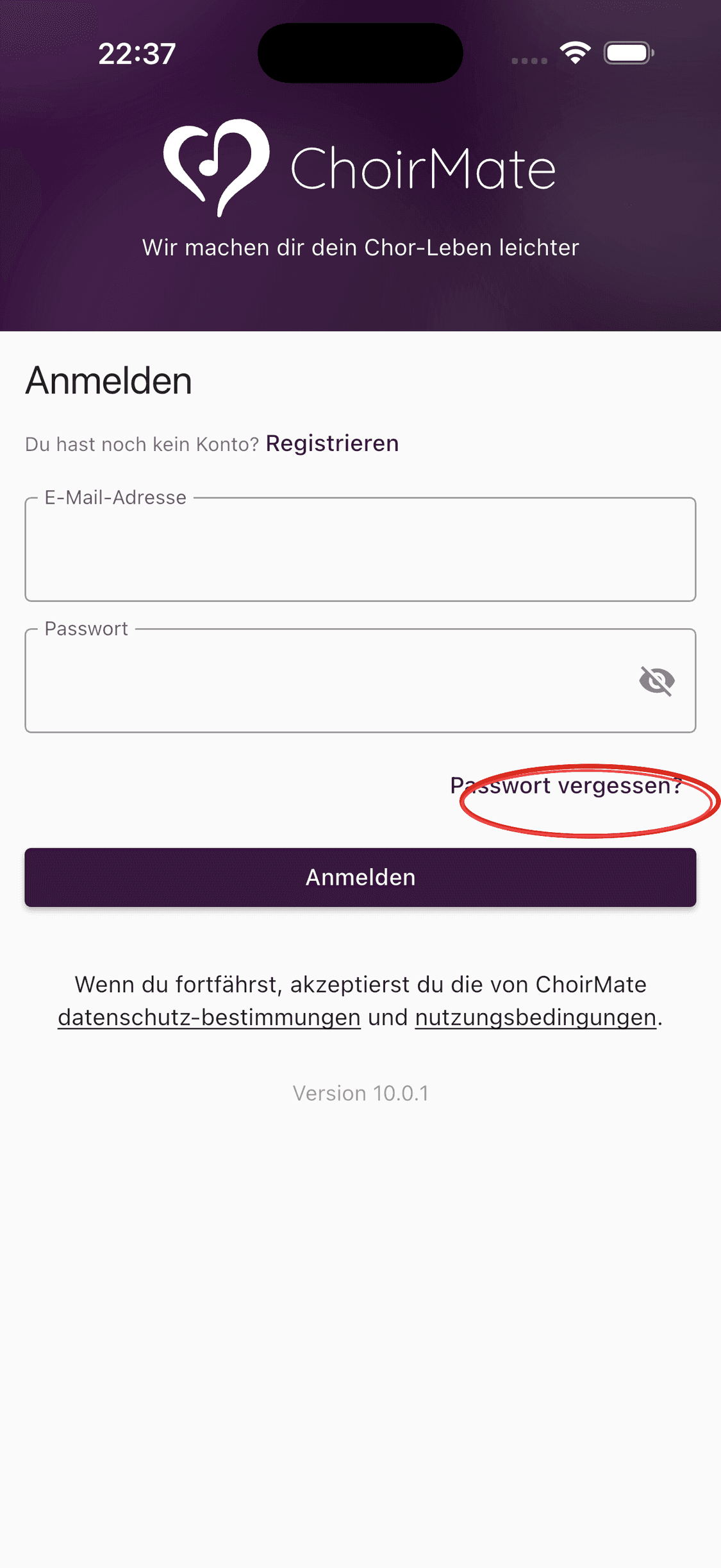 Die Anmeldeseite der ChoirMate-App mit dem Link Passwort vergessen