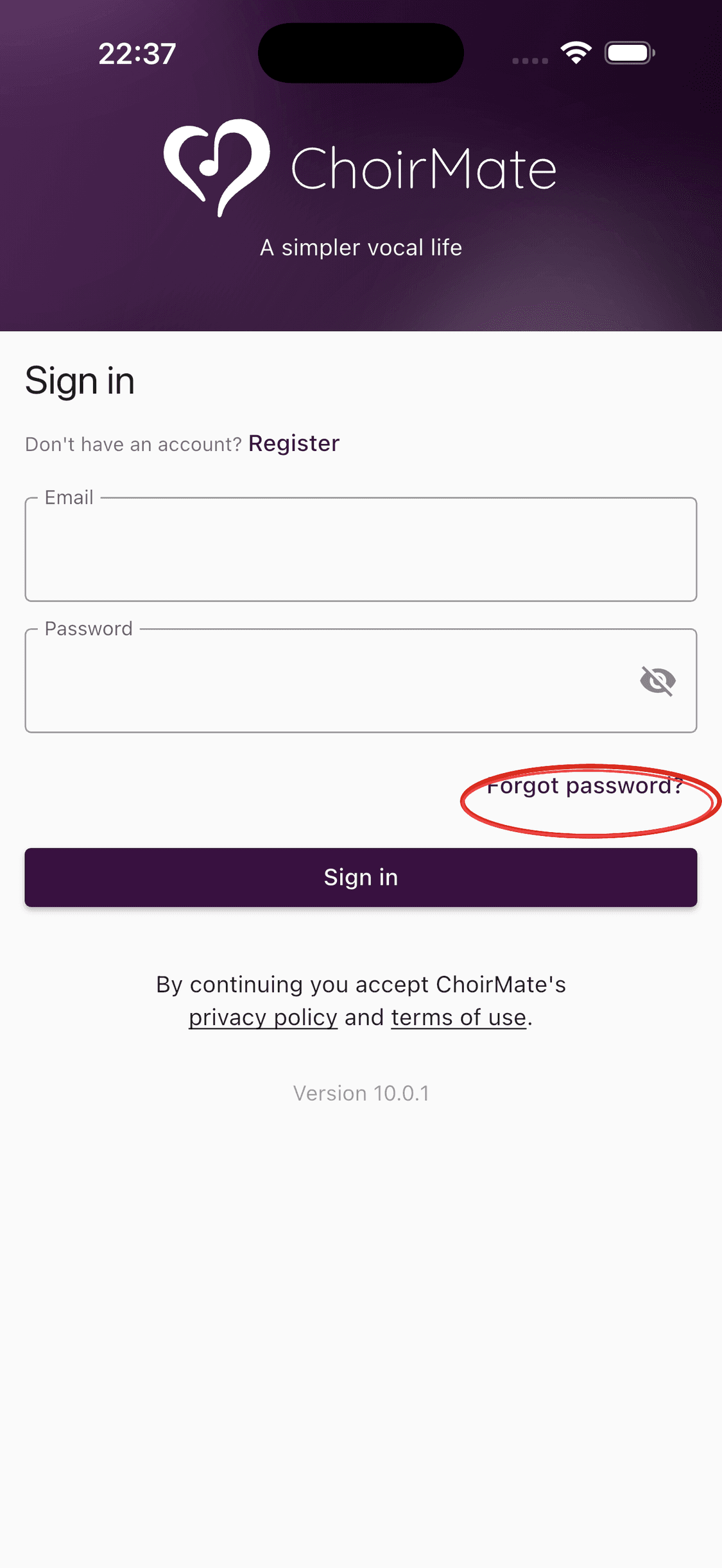 The ChoirMate app login screen with the Forgot password link