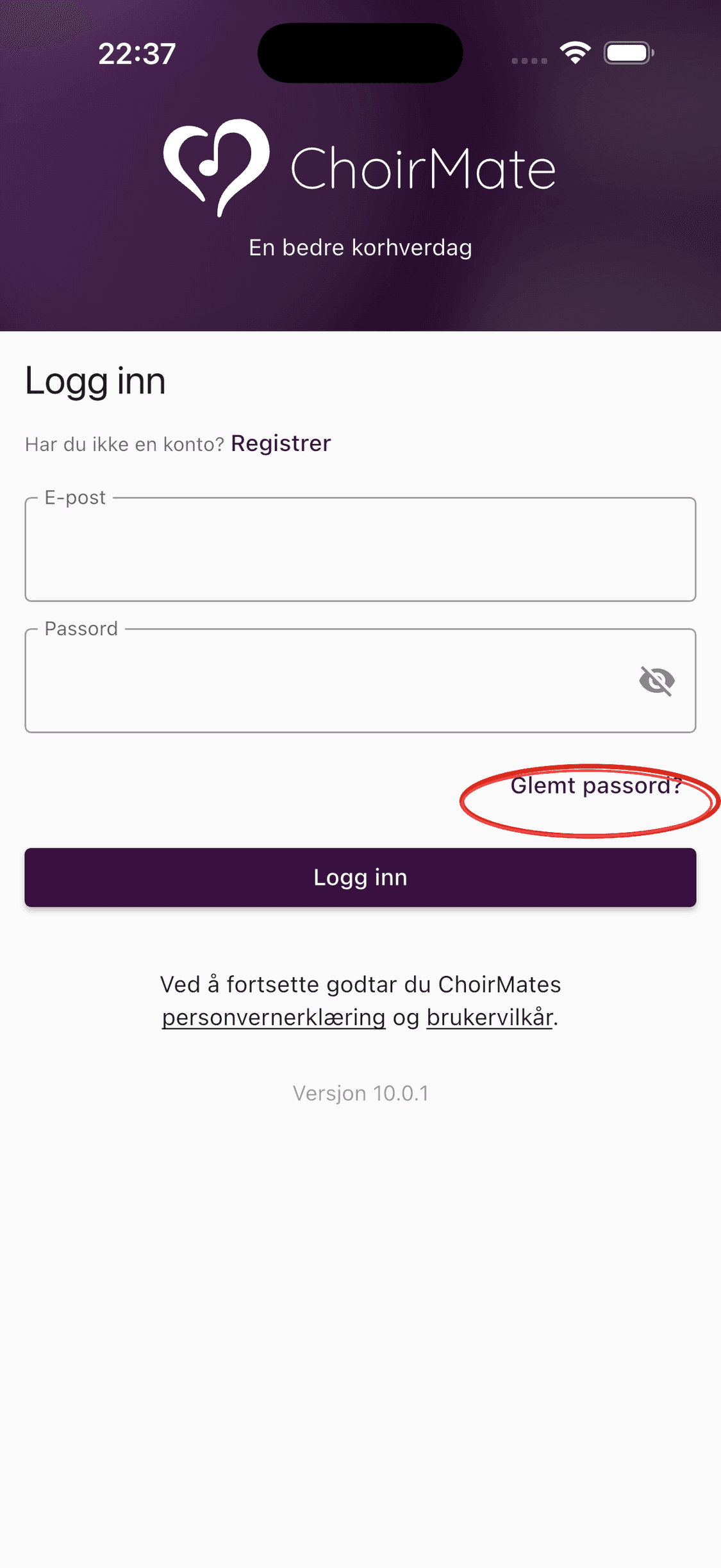 Innloggingssiden i ChoirMate-appen med lenken Glemt passord