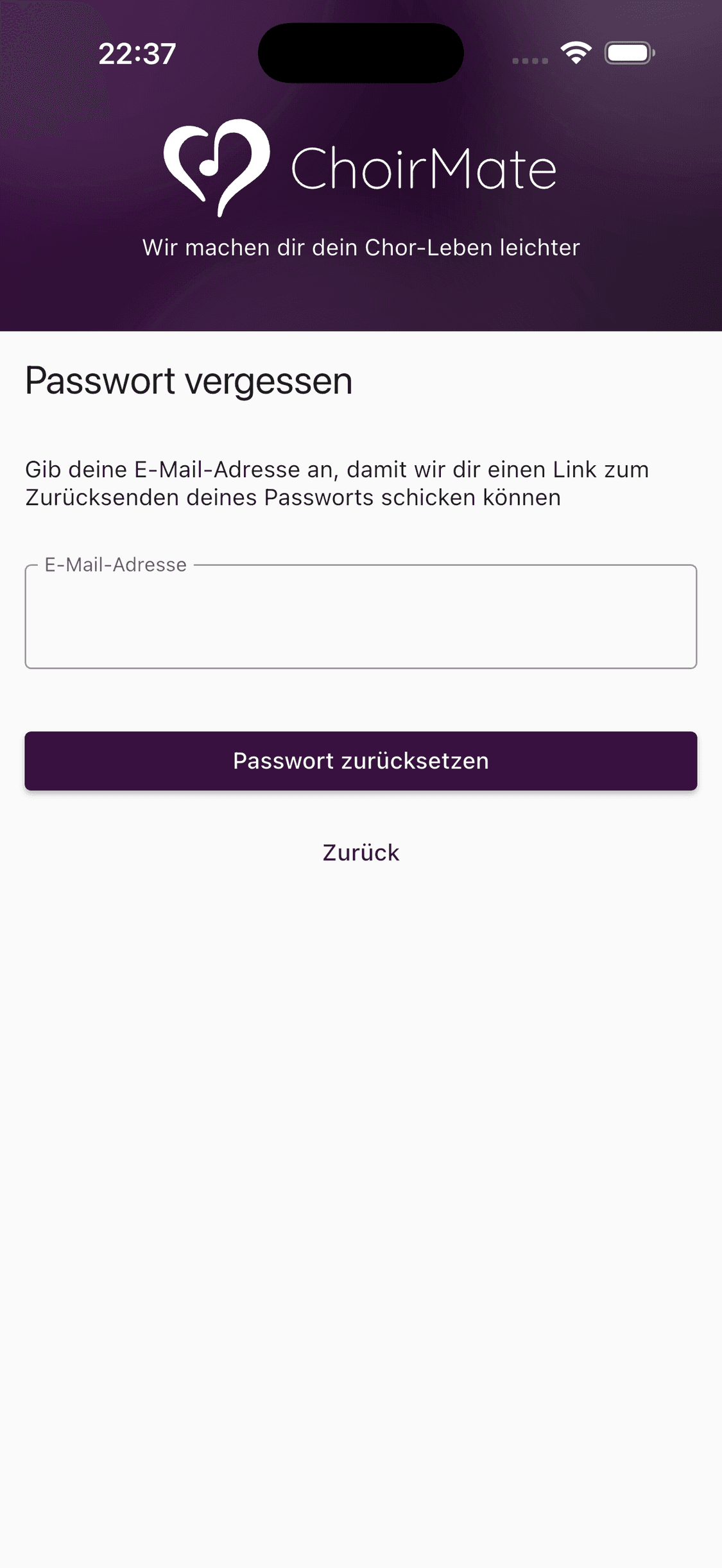 Das Formular zum Zurücksetzen des Passworts in der ChoirMate-App