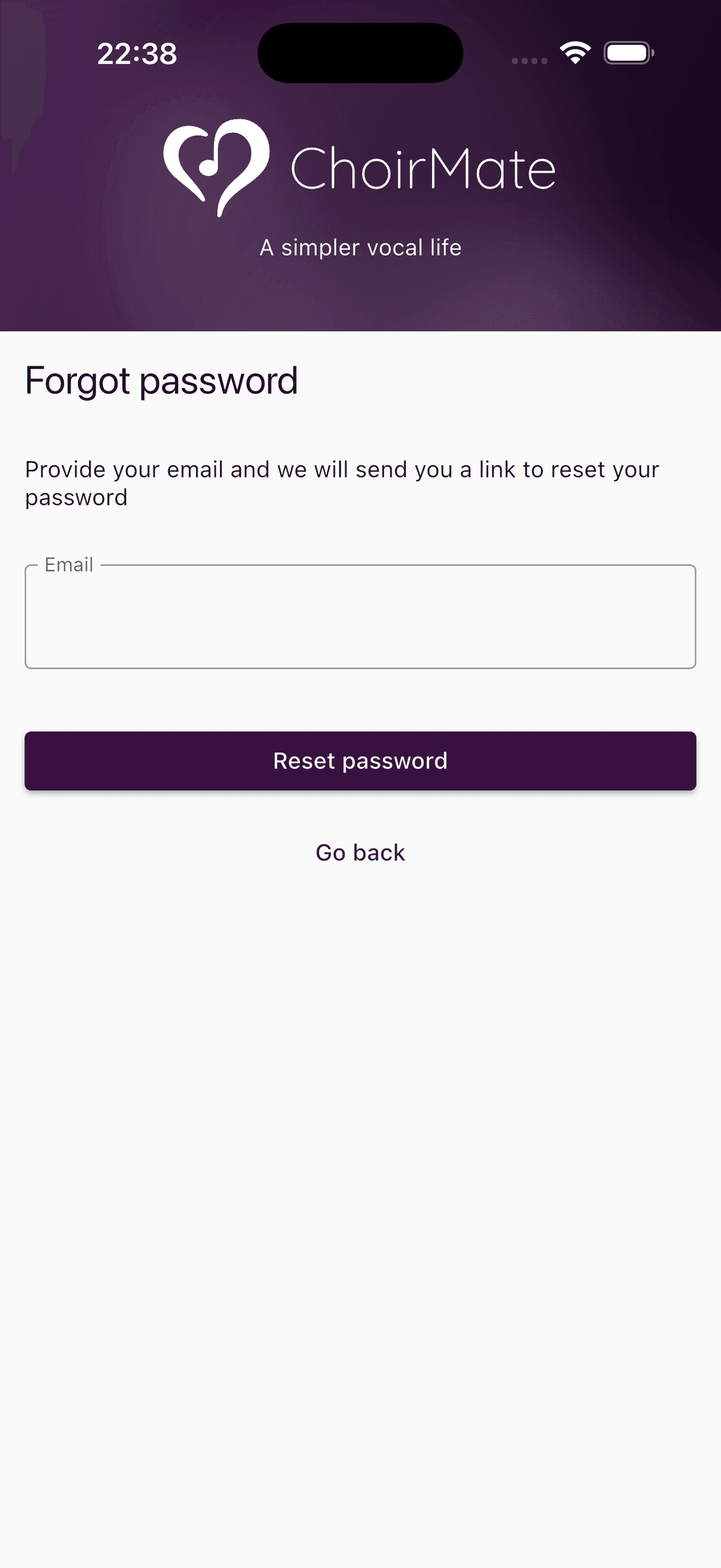 The password reset form in the ChoirMate app