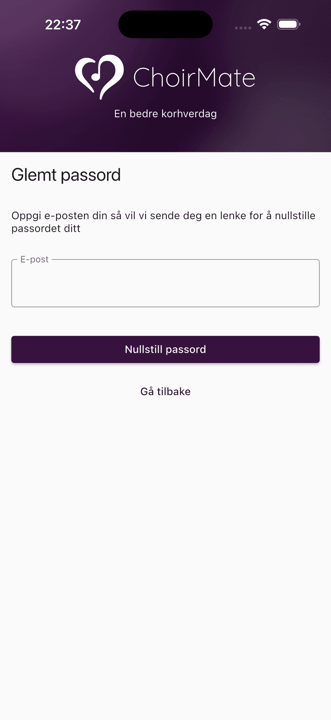 Skjemaet for tilbakestilling av passord i ChoirMate-appen