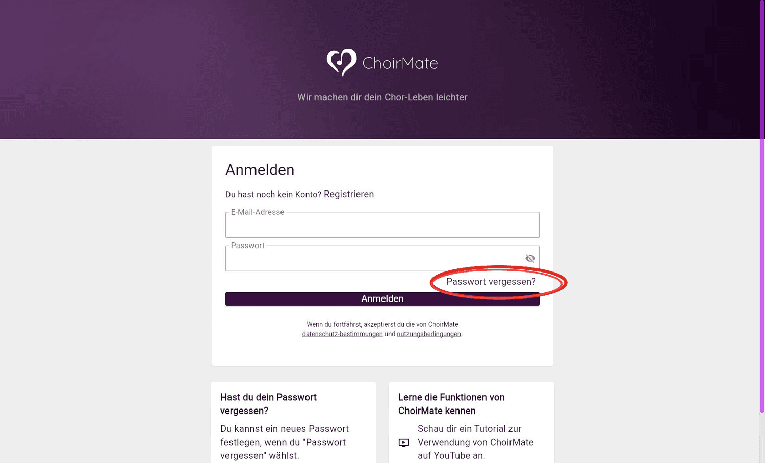 Die ChoirMate-Webanmeldung mit dem Link Passwort vergessen