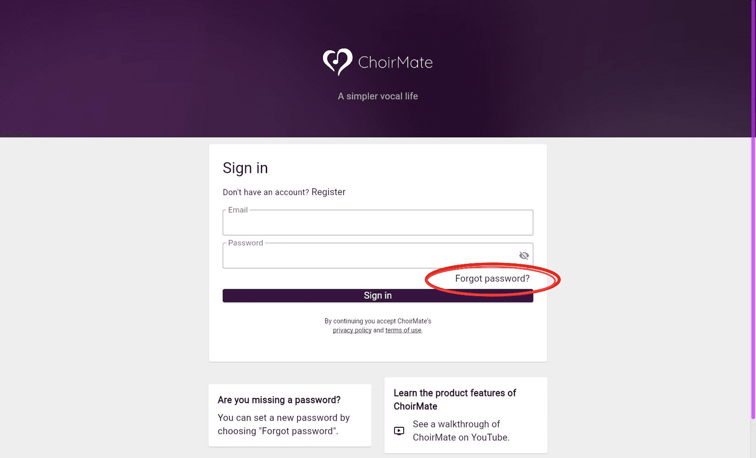 The ChoirMate web login page with the Forgot password link