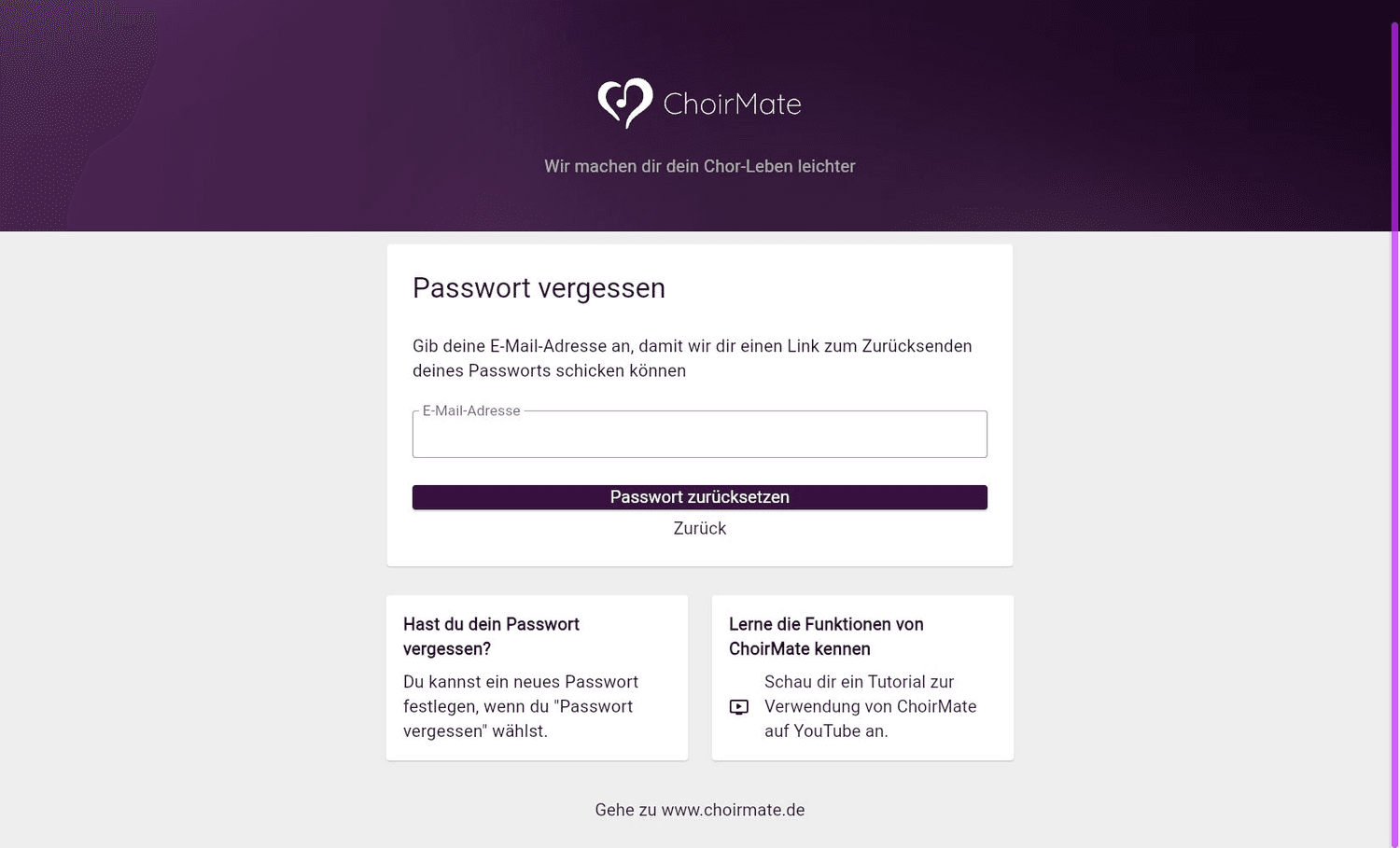 Das Formular zum Zurücksetzen des Passworts in ChoirMate Web