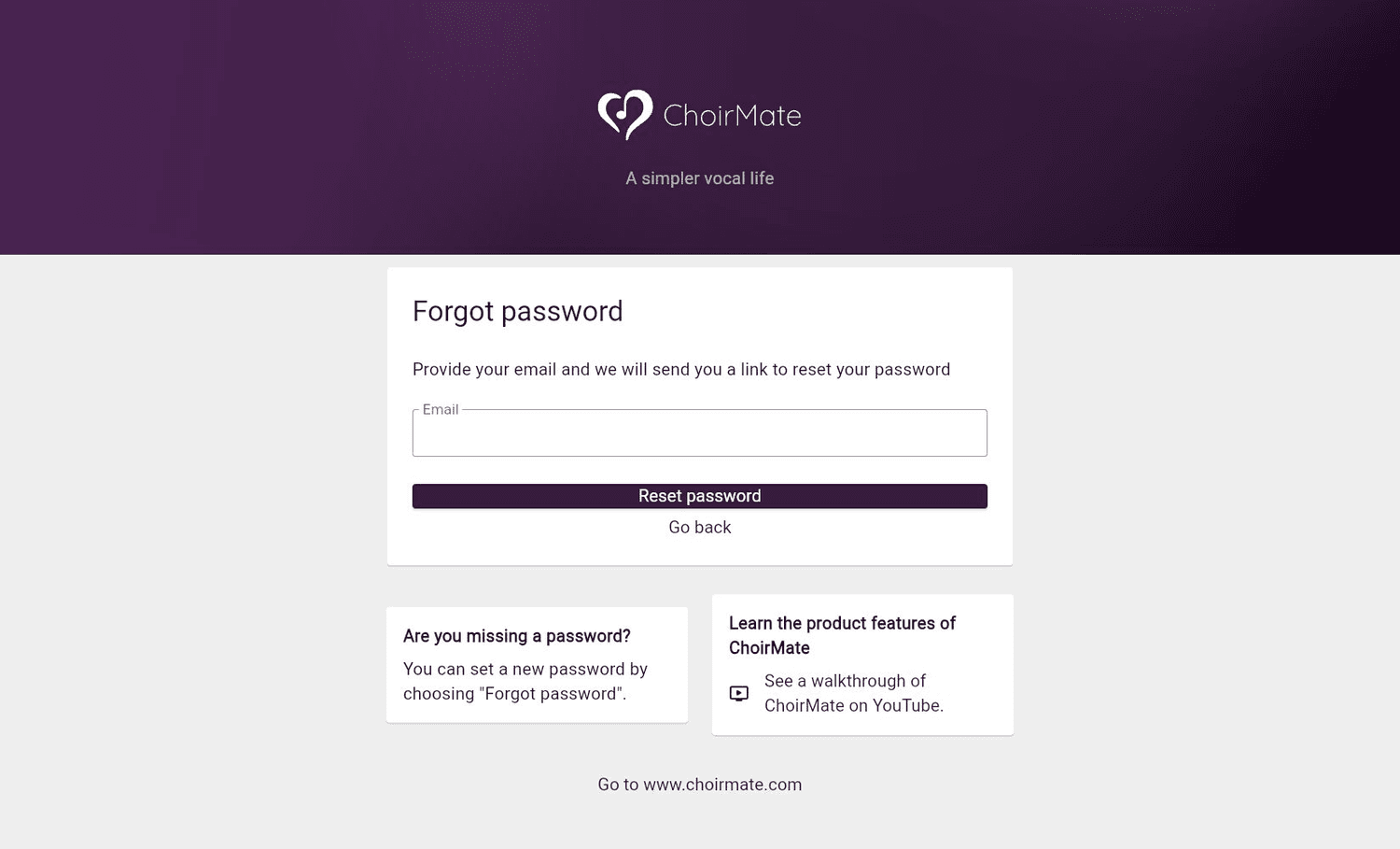 The password reset form on ChoirMate web