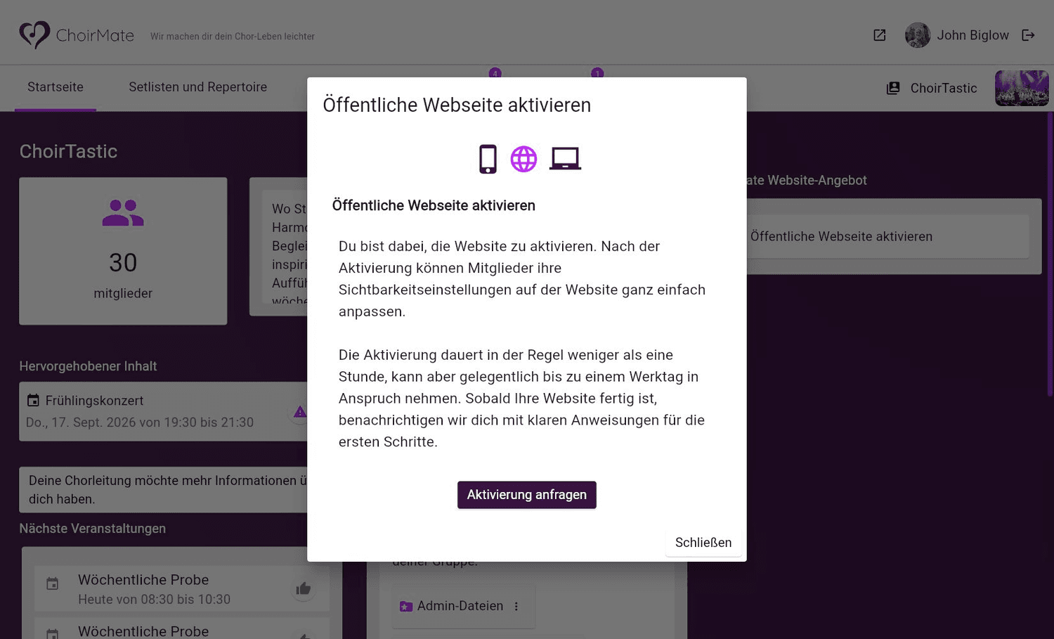 Anfrage zur Aktivierung einer öffentlichen Website in ChoirMate im Web